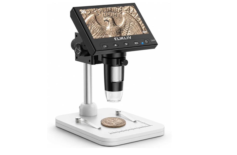 Elikliv Microscope, LCD Digital Coin Microscope 1000x, Coin Magnifier with 8 Adjustable LED Lights, PC View Compatible with Windows/MacBook, EDM4, 4.3-Inch 