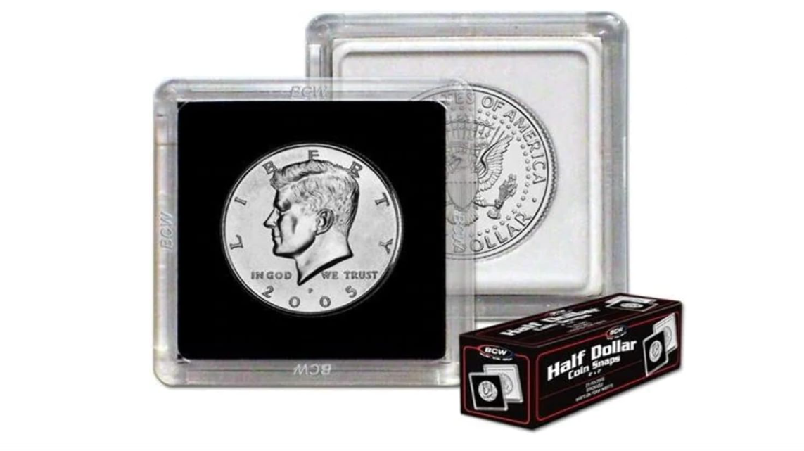 BCW 2x2 Coin Snap - 25 ct Half Dollar Holder | Archival Safe Coin Protector | Crystal Clear Polystyrene Coin Display Case | Ideal for US Kennedy Half Dollar... 