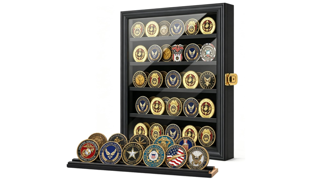 Jinchuan Military Challenge Coin Display Case Lockable Cabinet Rack Holder Shadow Box with Removable 2 Grooves Shelves and Anti Dust Door for Casino Poker... 