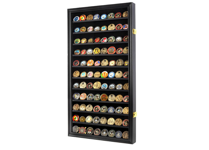 DisplayGifts Military Challenge Coin Display Case Poker Chips Holder Wall Cabinet Rack 29 X 16 Compatible with Army Navy Air Force Marine Corps Challenge Coins 