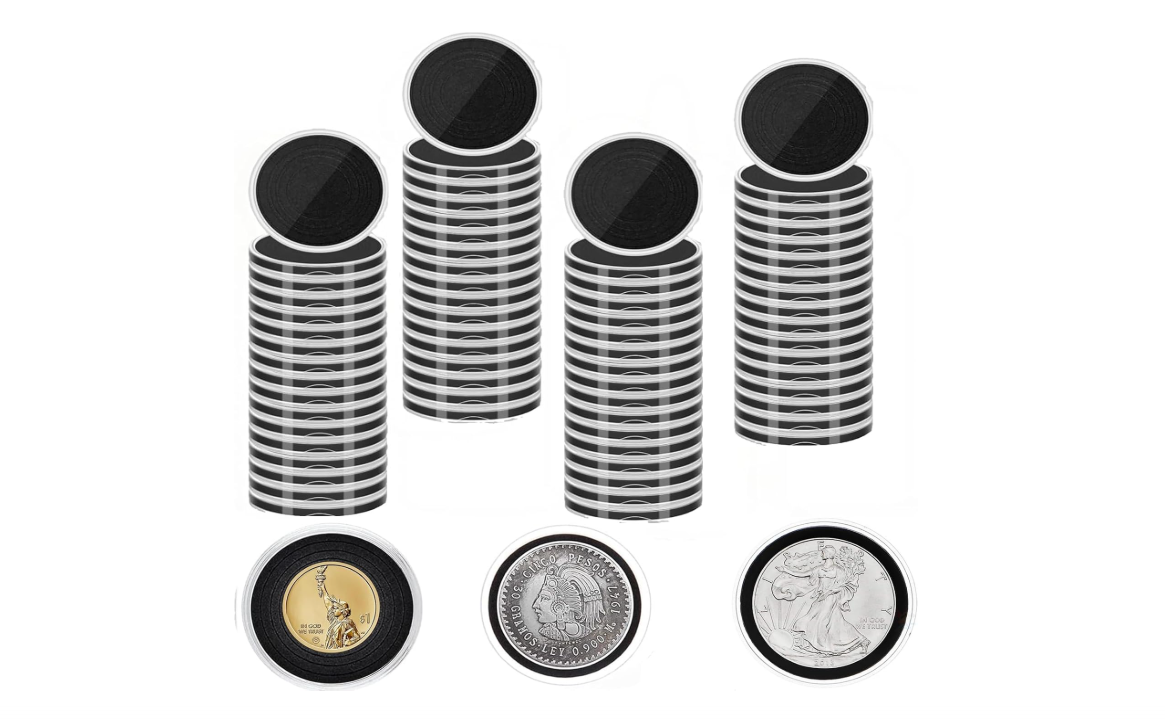 40P 46mm Silver Eagle Coin Holder,Clear Acrylic Coin Capsules with Gasket | Coin Storage Case with 6 Sizes Black Foam Gaskets [20/25/30/35/40/46mm] 
