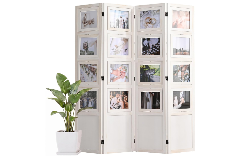 4 Panel Photo Room Divider, Folding Privacy Screen Decorative, White | 16 Rotating Double-Sided Slots, Solid Wood Frame, Freestanding Grid Design, Wedding...
