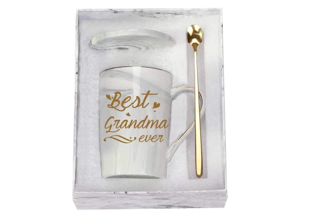 Best Grandma Ever Mug Coffee Gifts Birthday Mothers Day for from Granddaughter Grandson Grandchildren Grandkids 14 Ounce Gift Box with Spoon and Mat Gray 