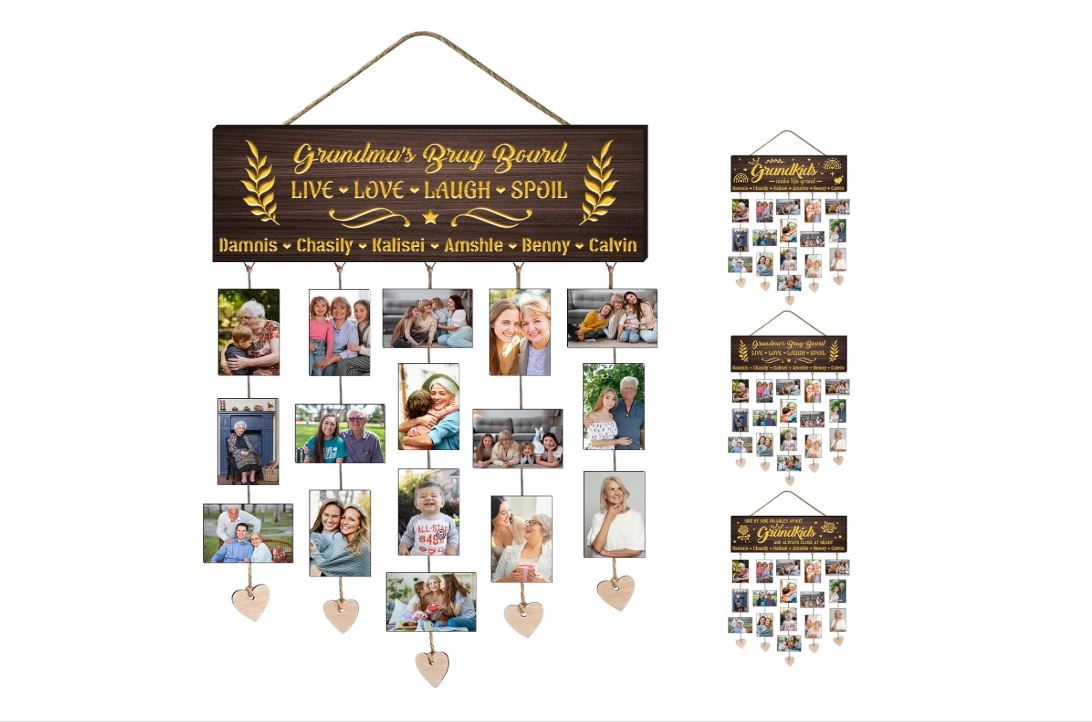 Custom Grandma's Brag Board Sign Personalized 1-10 Child's Names Photo Family Plaque DIY Heart Picture Frame Grandma Photo Holder Grandchild Hanging... 