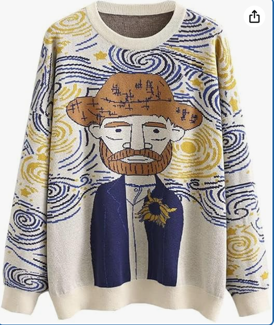 Women's Long Sleeve Crew Neck Sweatshirt Knit Pullover Casual Van Gogh Cartoon Sweater