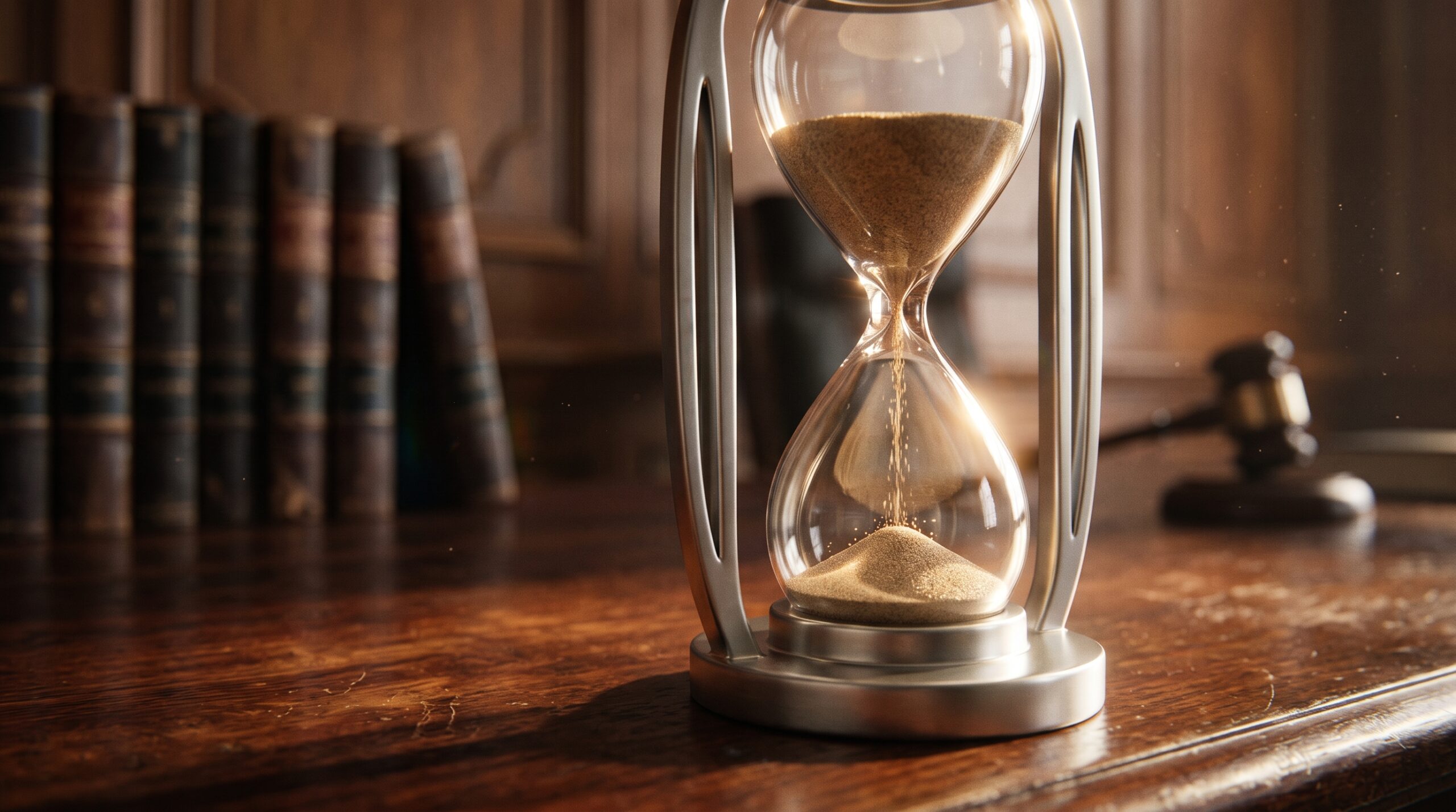 Silver hourglass on a judge's desk representing the strict four-year age gap rule under the Romeo and Juliet Law PA.