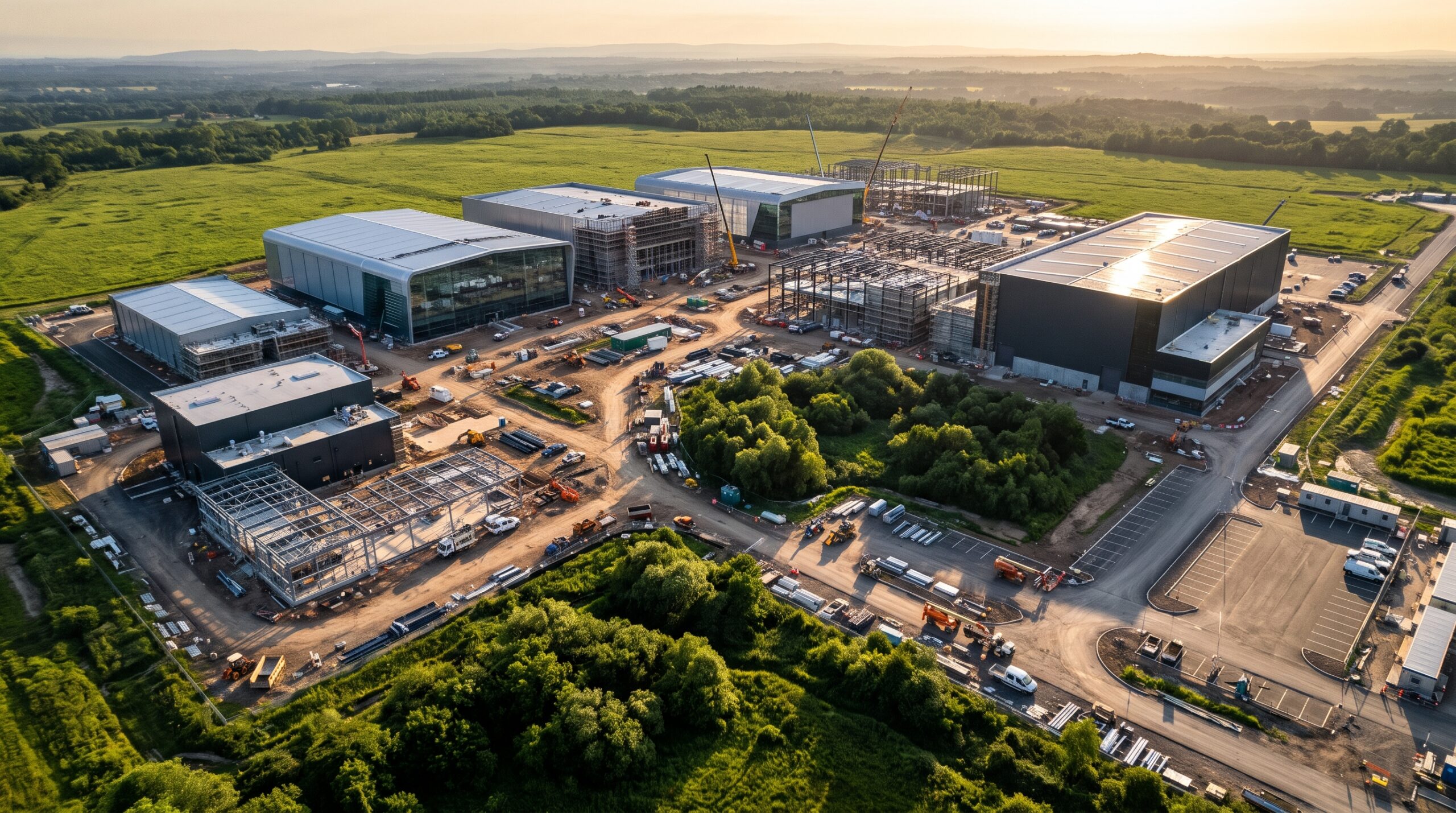 Aerial view of massive modern soundstages under construction at a sprawling mega-studio complex in New Jersey.