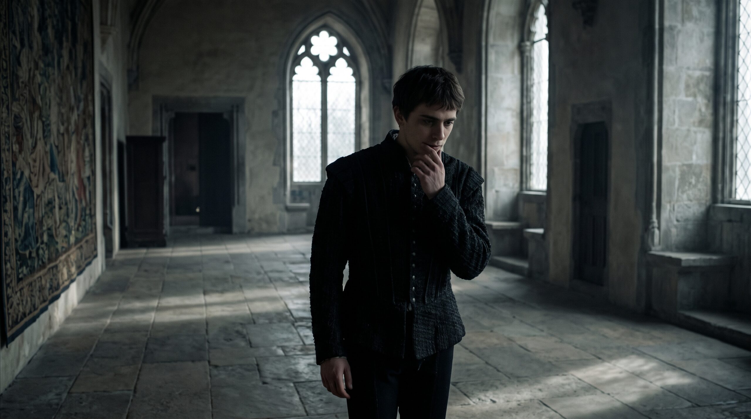 A melancholic Prince Hamlet pacing alone in a cold, stone gallery in Elsinore Castle, capturing the deep existential crisis behind famous quotations from Hamlet like To be, or not to be.