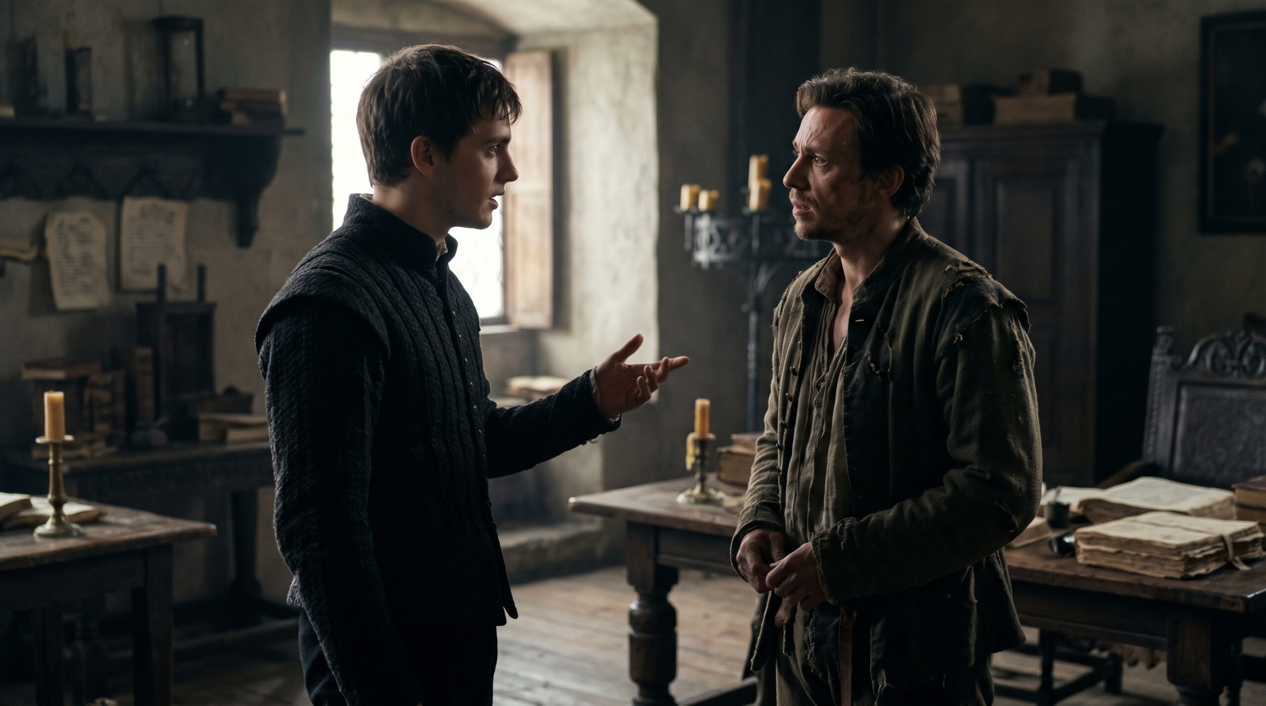 A melancholic Prince Hamlet pacing alone in a cold, stone gallery in Elsinore Castle, capturing the deep existential crisis behind famous quotations from Hamlet like To be, or not to be.