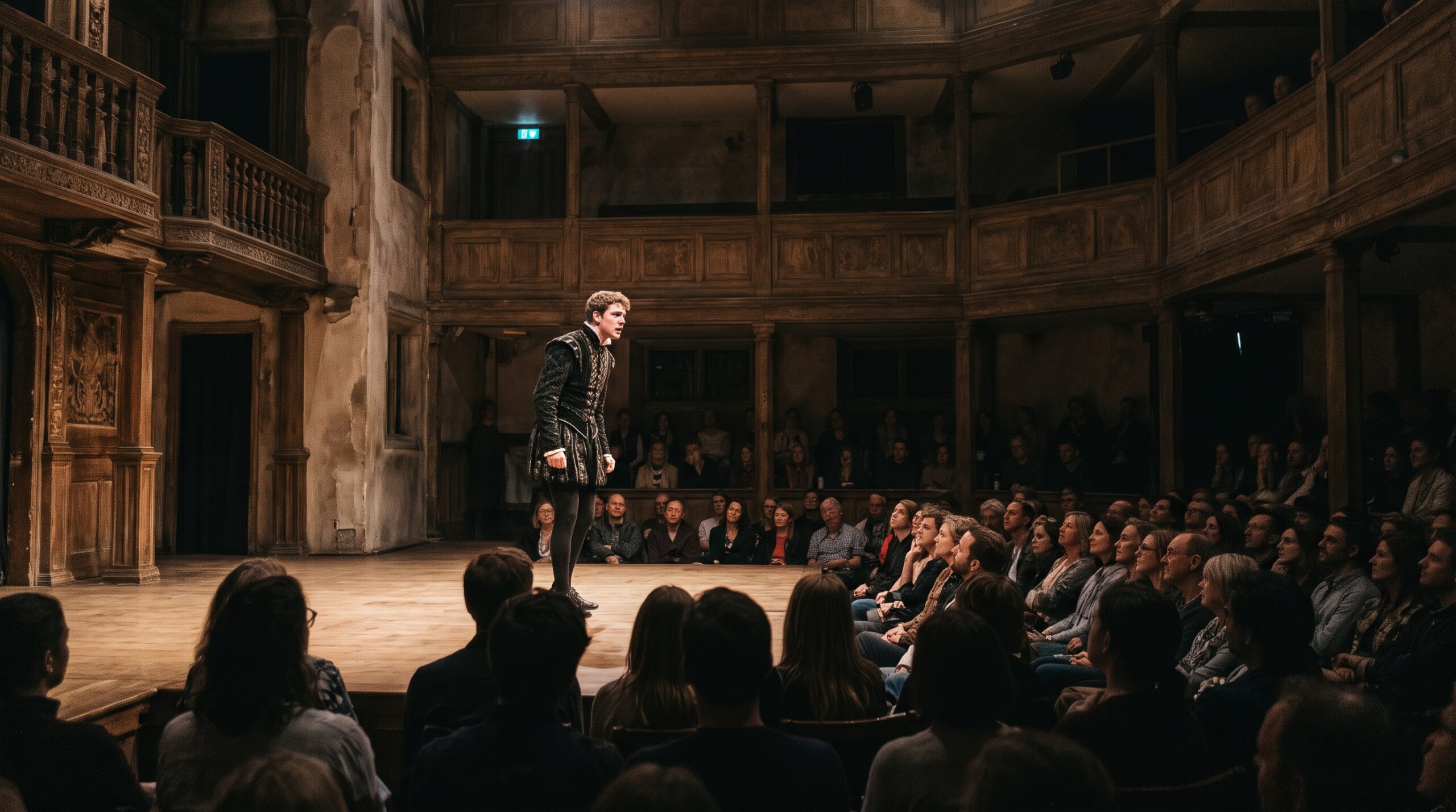 An actor performing a tragedy on an indoor Elizabethan theater stage in front of a seated audience, showcasing the theatrical power of famous quotations from Hamlet.