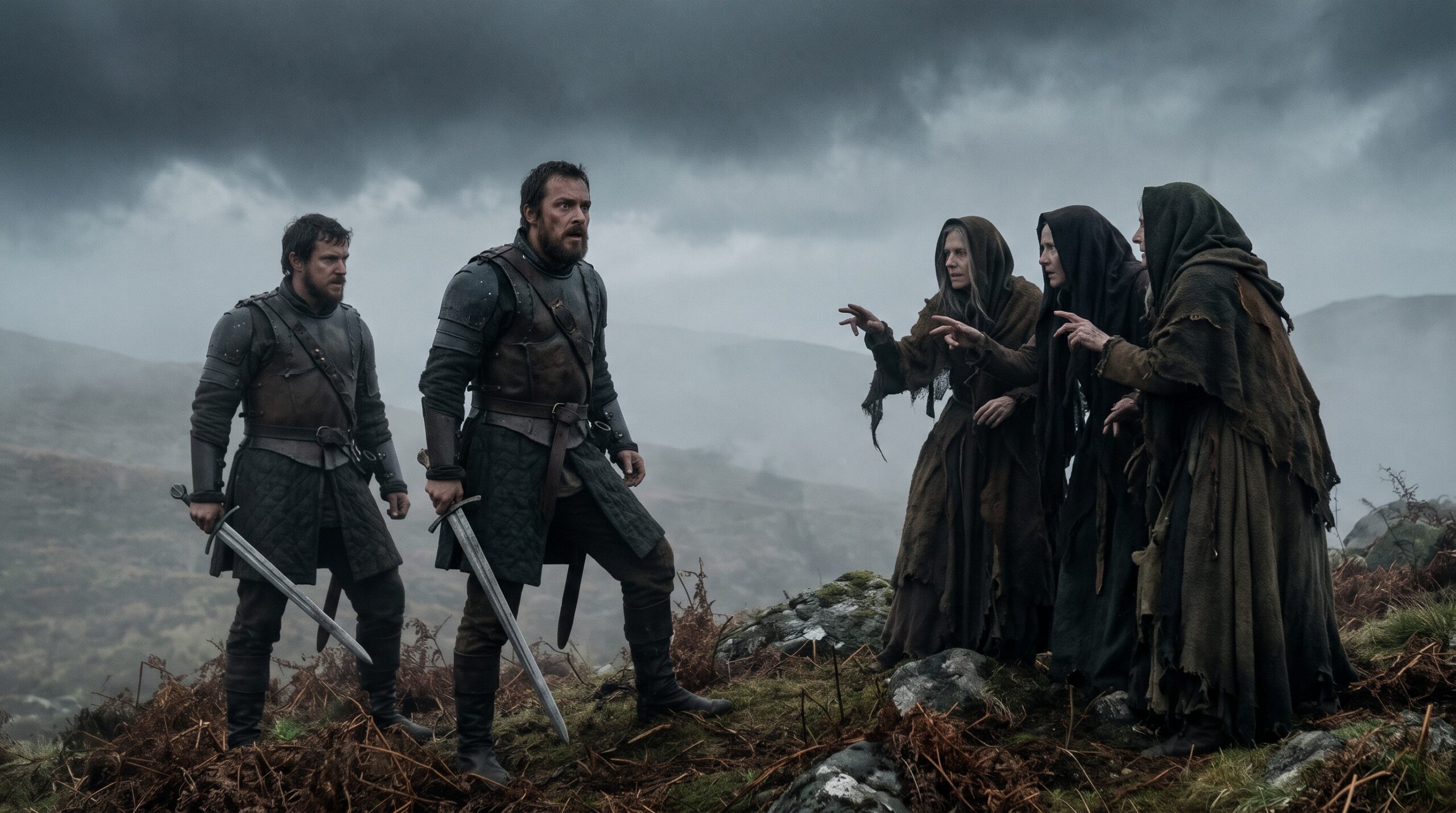 Macbeth and Banquo encountering the three witches on a stormy Scottish heath in Act 1, Scene 3.