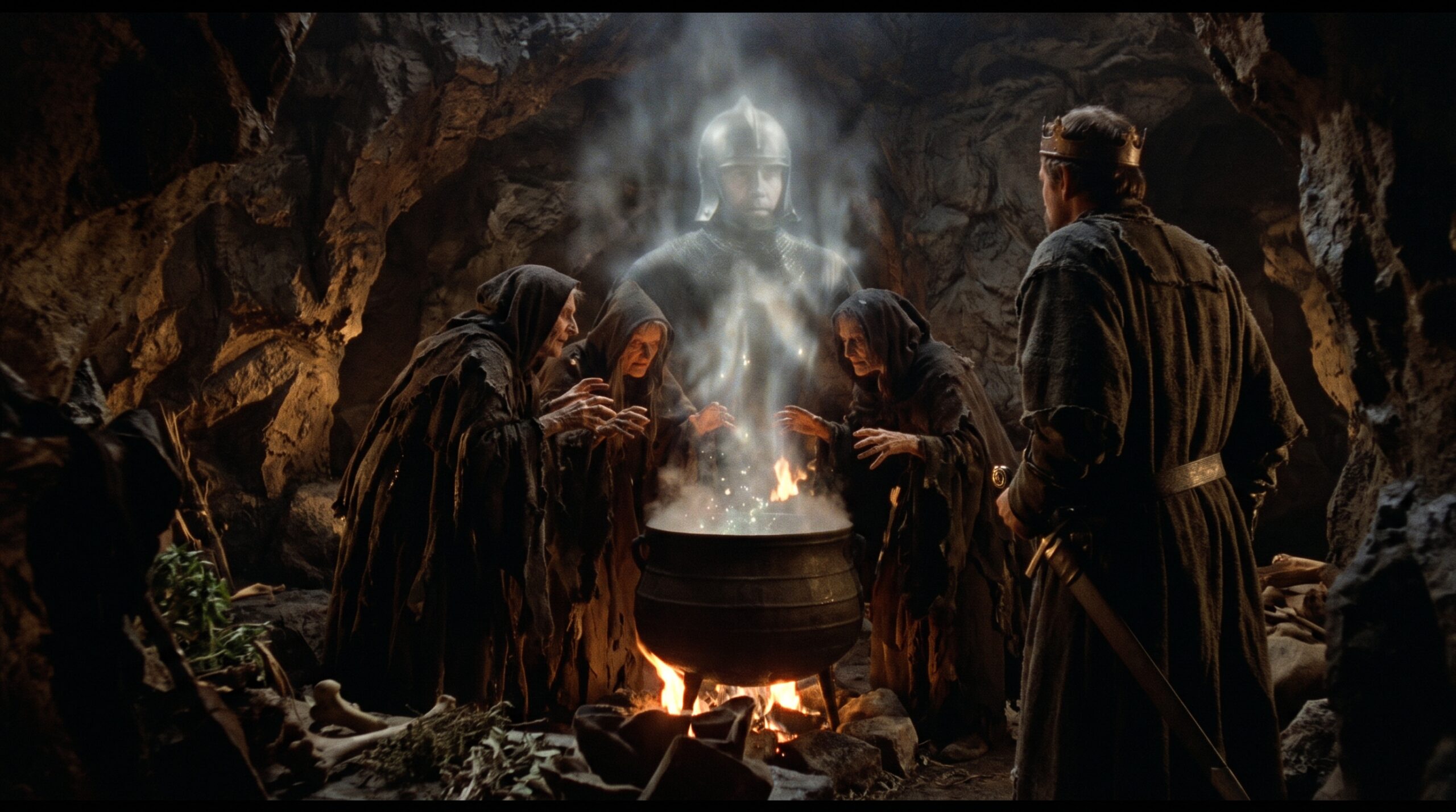 Macbeth watching the three witches summon supernatural apparitions from a bubbling cauldron in Act 4, Scene 1.