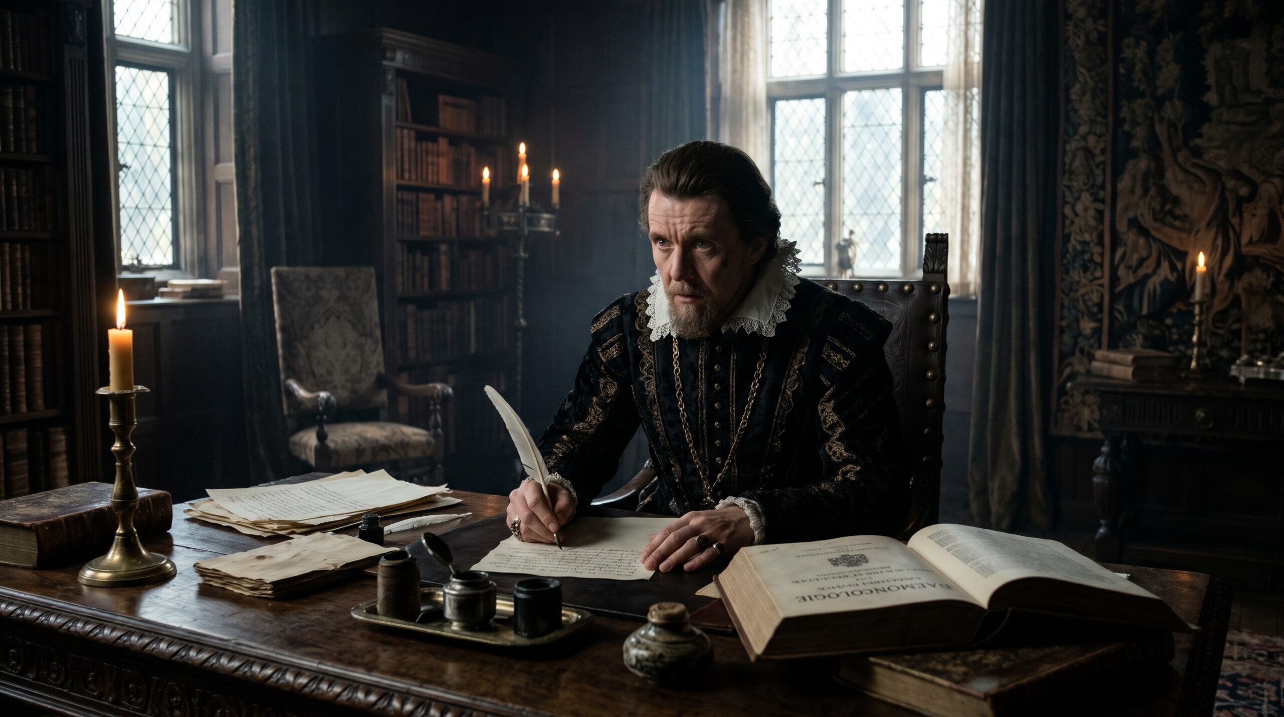 King James I of England writing his book Daemonologie on witchcraft and the occult in a dimly lit historical study.