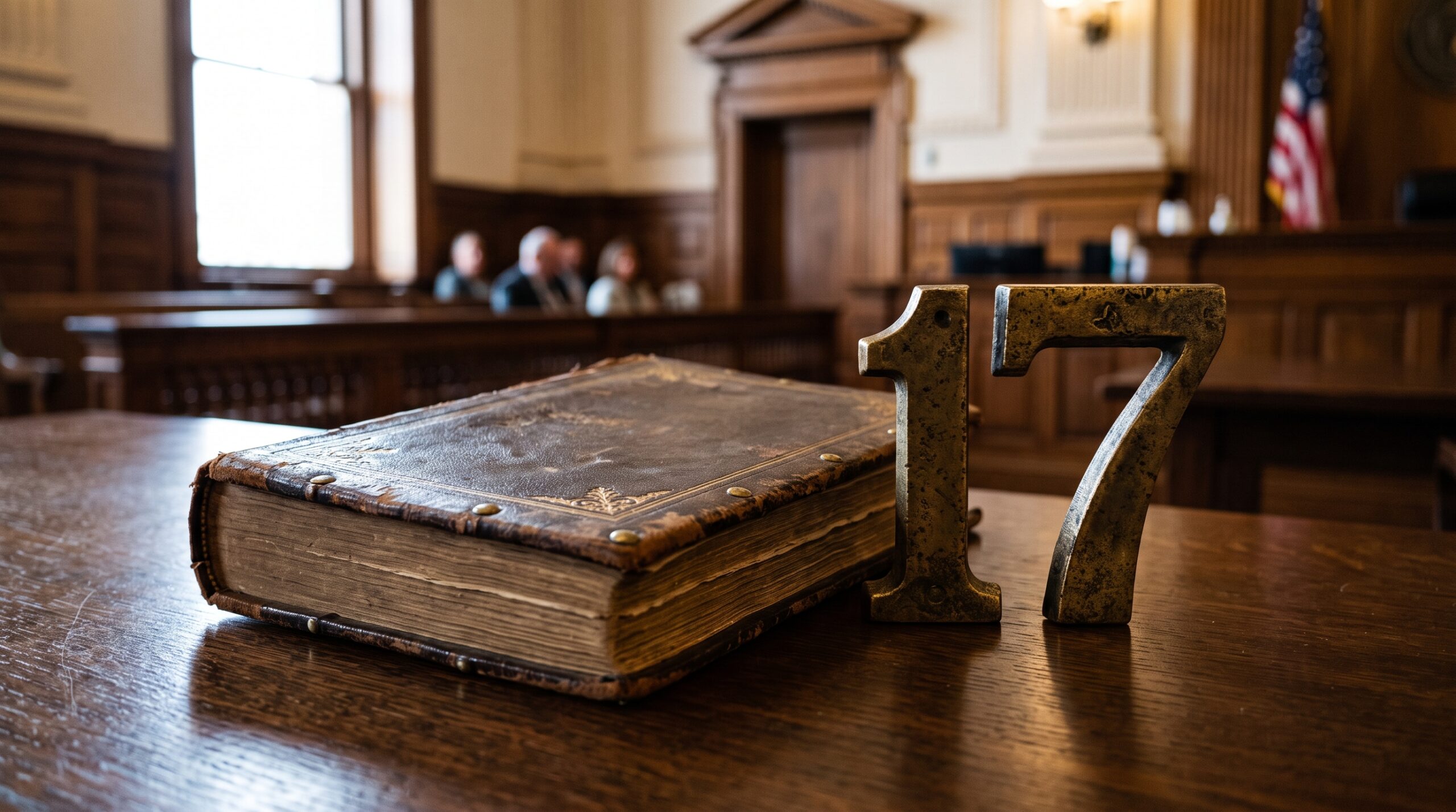 "Brass numeral 17 on an antique law book in a Colorado courtroom, illustrating the baseline age of consent."