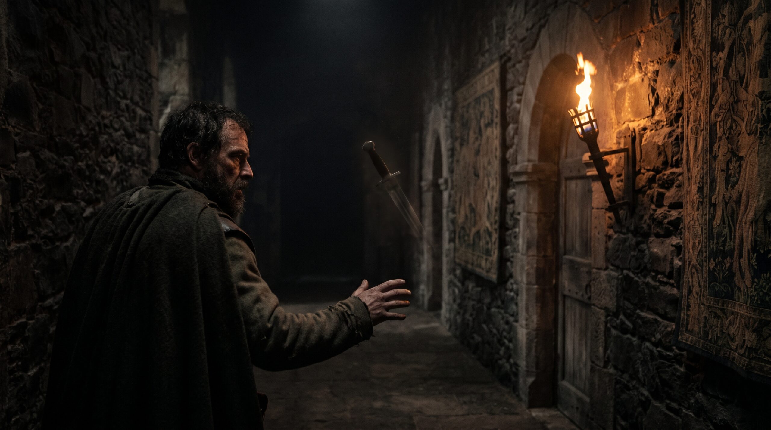 Cinematic historical reenactment of Macbeth reaching toward a faint, hovering hallucinated dagger in a dark, torch-lit stone castle hallway during Act 2, Scene 1 of Shakespeare’s play.