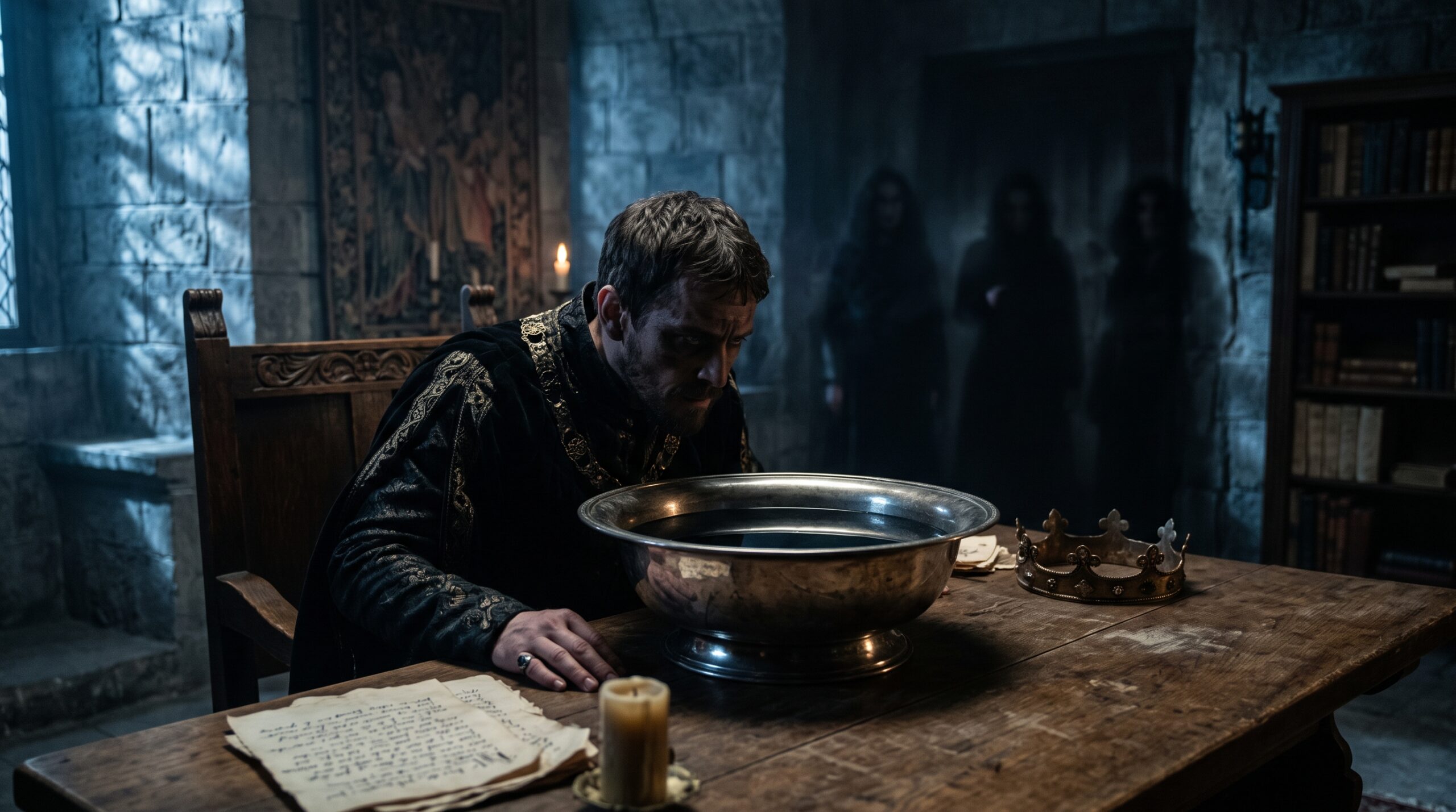 A psychological photo of Macbeth reflecting on his ambition and guilt inside a shadowy medieval castle chamber.