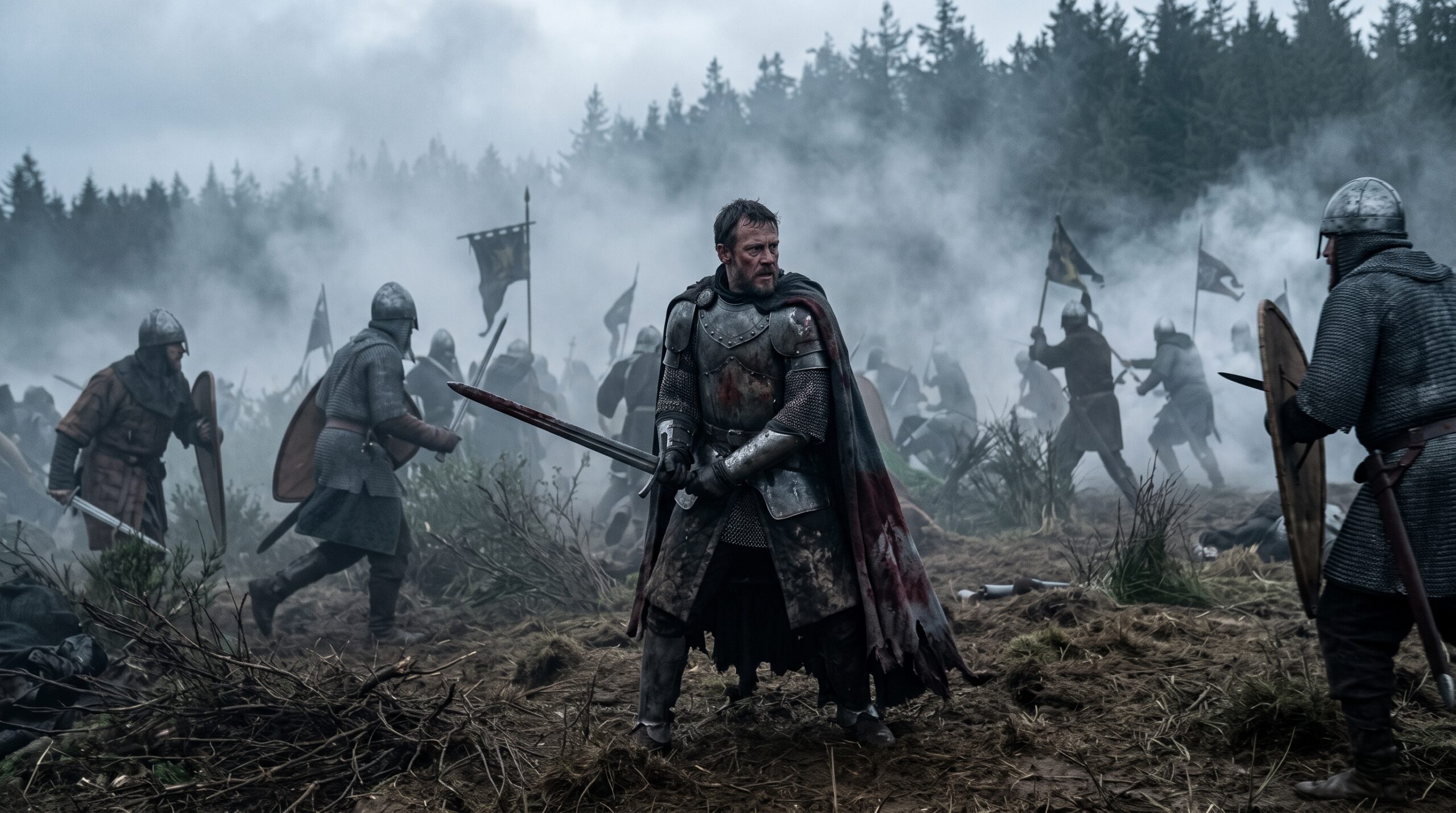 A cinematic battle scene of Macbeth in worn armor facing his enemies in the foggy Scottish highlands from the final act.