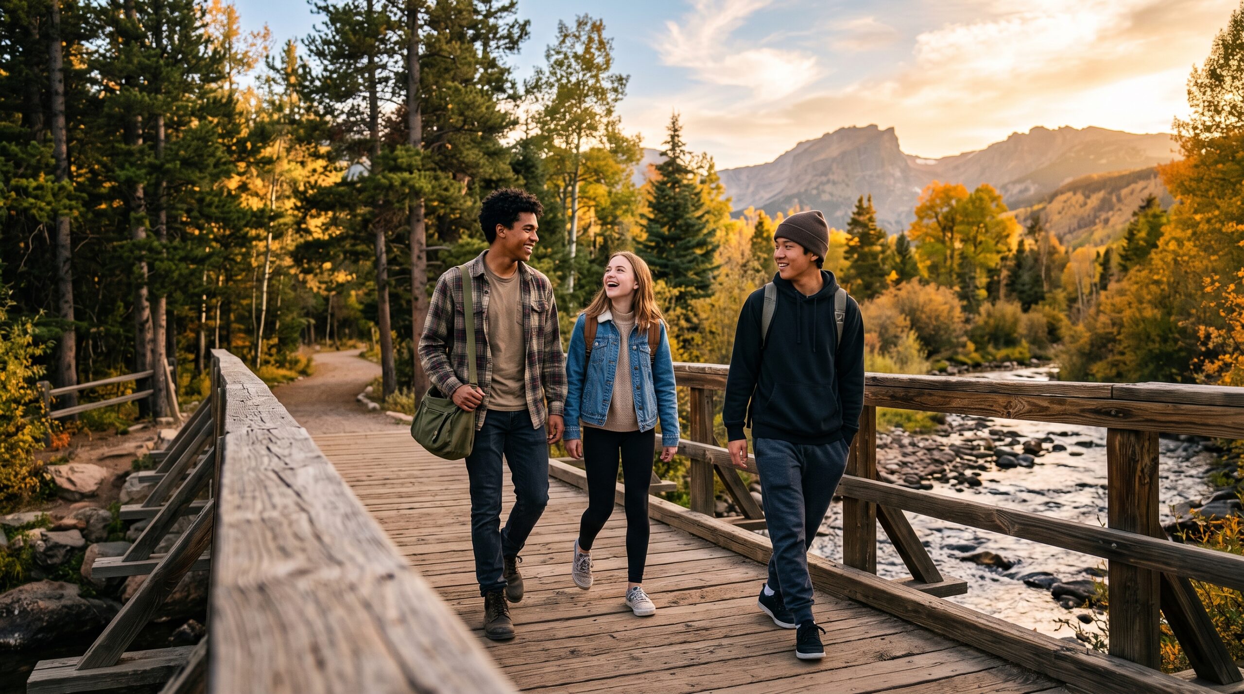 "Group of diverse teenagers, including 14 and 17-year-olds, interacting in a casual park setting, representing Colorado's close-in-age dynamic."