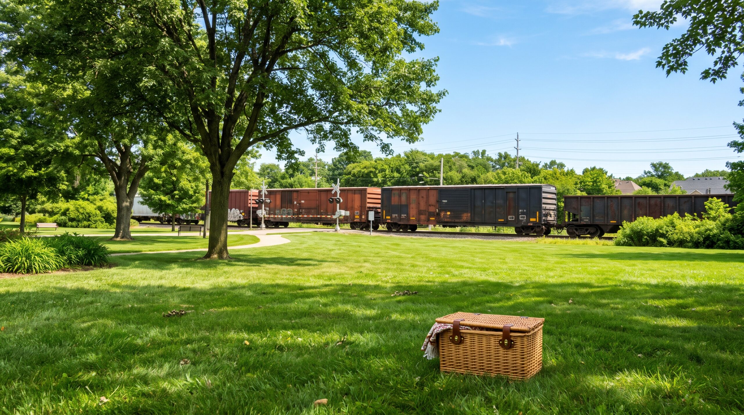 Scenic view of a freight train crossing the tracks near Main Street Park in Hamlet NC