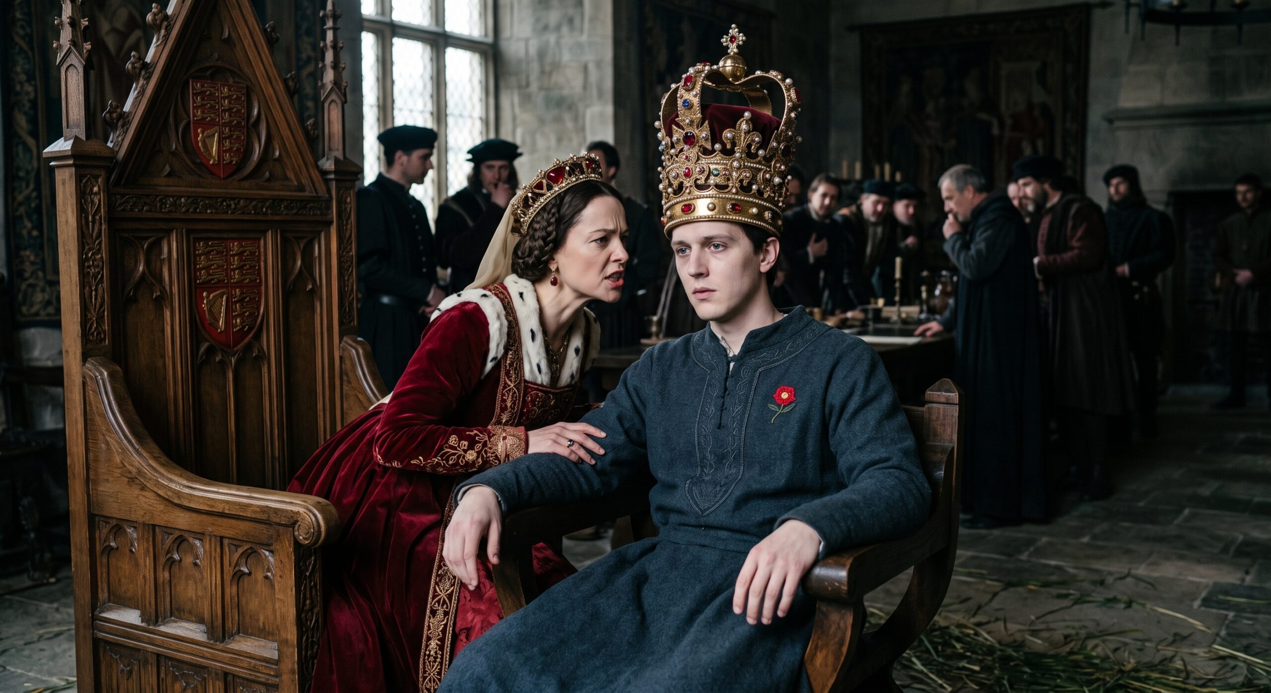 A historical depiction of King Henry VI in a state of catatonic withdrawal on his throne, with Queen Margaret of Anjou attempting to command him.