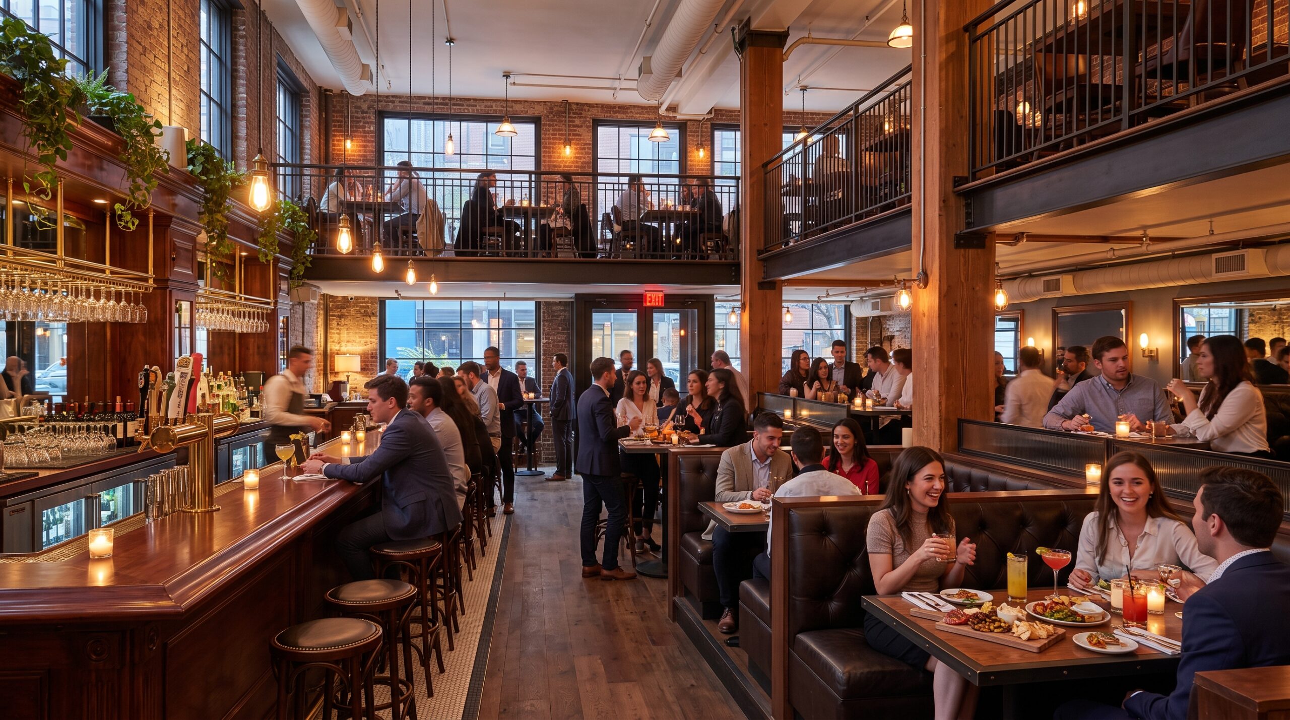A vibrant crowd enjoying craft cocktails and pre-theater dining at 5th and Mad in Midtown Manhattan.