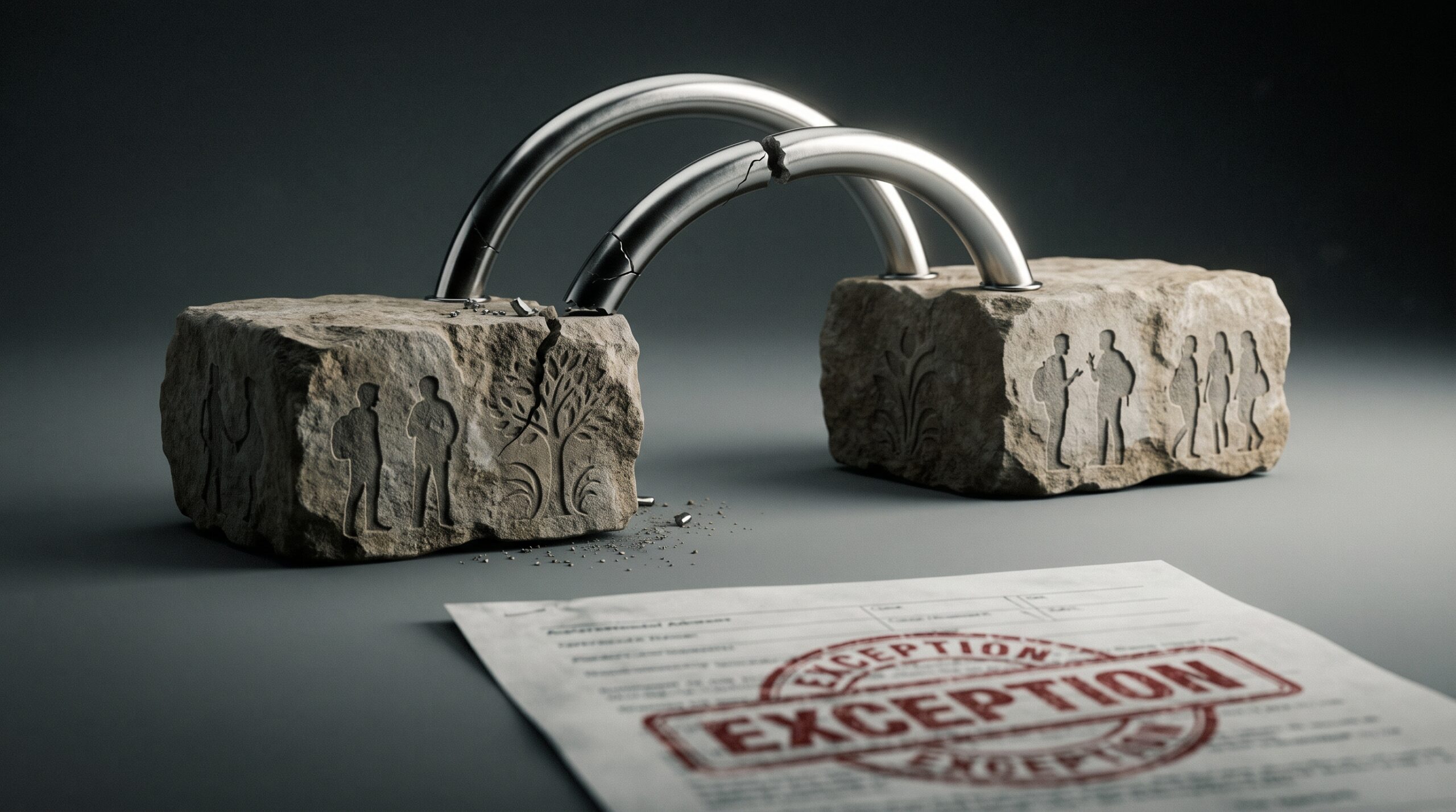 Conceptual image showing broken protective arches symbolizing legal exceptions.