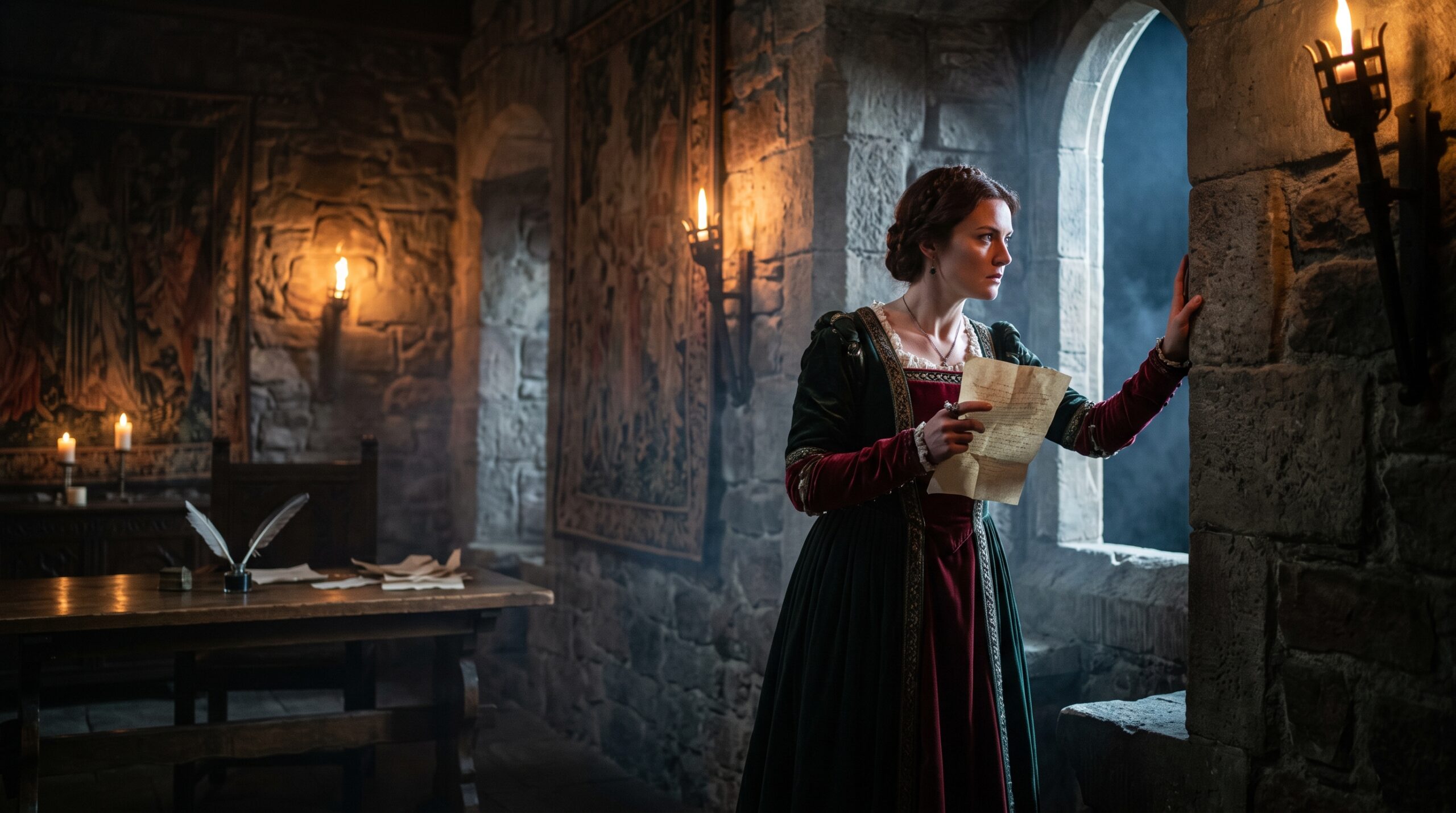 A dramatic theatrical depiction of Lady Macbeth alone in a dark stone Scottish castle plotting Duncan's murder from Macbeth Act 1.