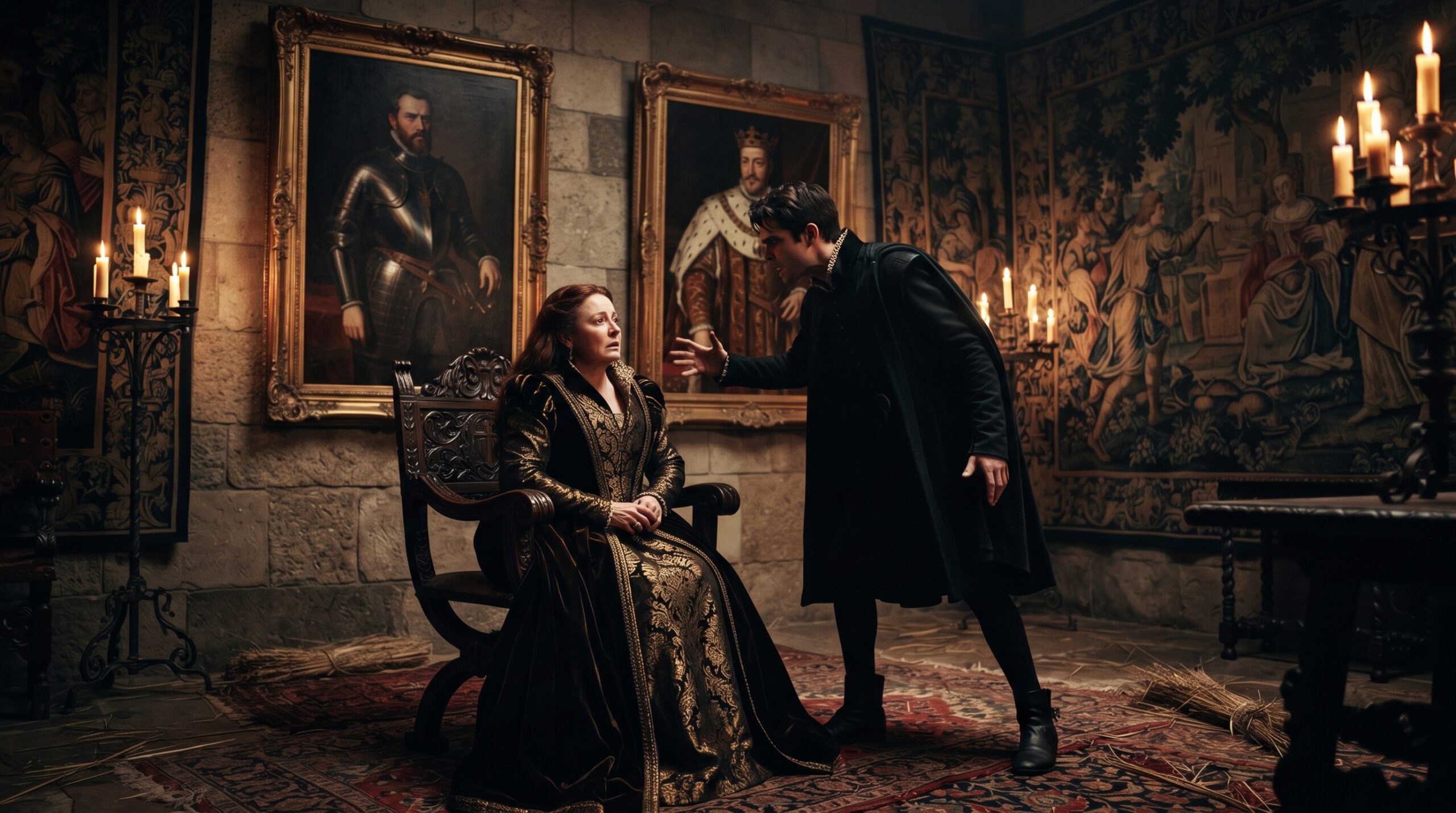 An intense confrontation between Queen Gertrude and an impassioned Prince Hamlet in a castle chamber, pointing toward portraits of the two kings.