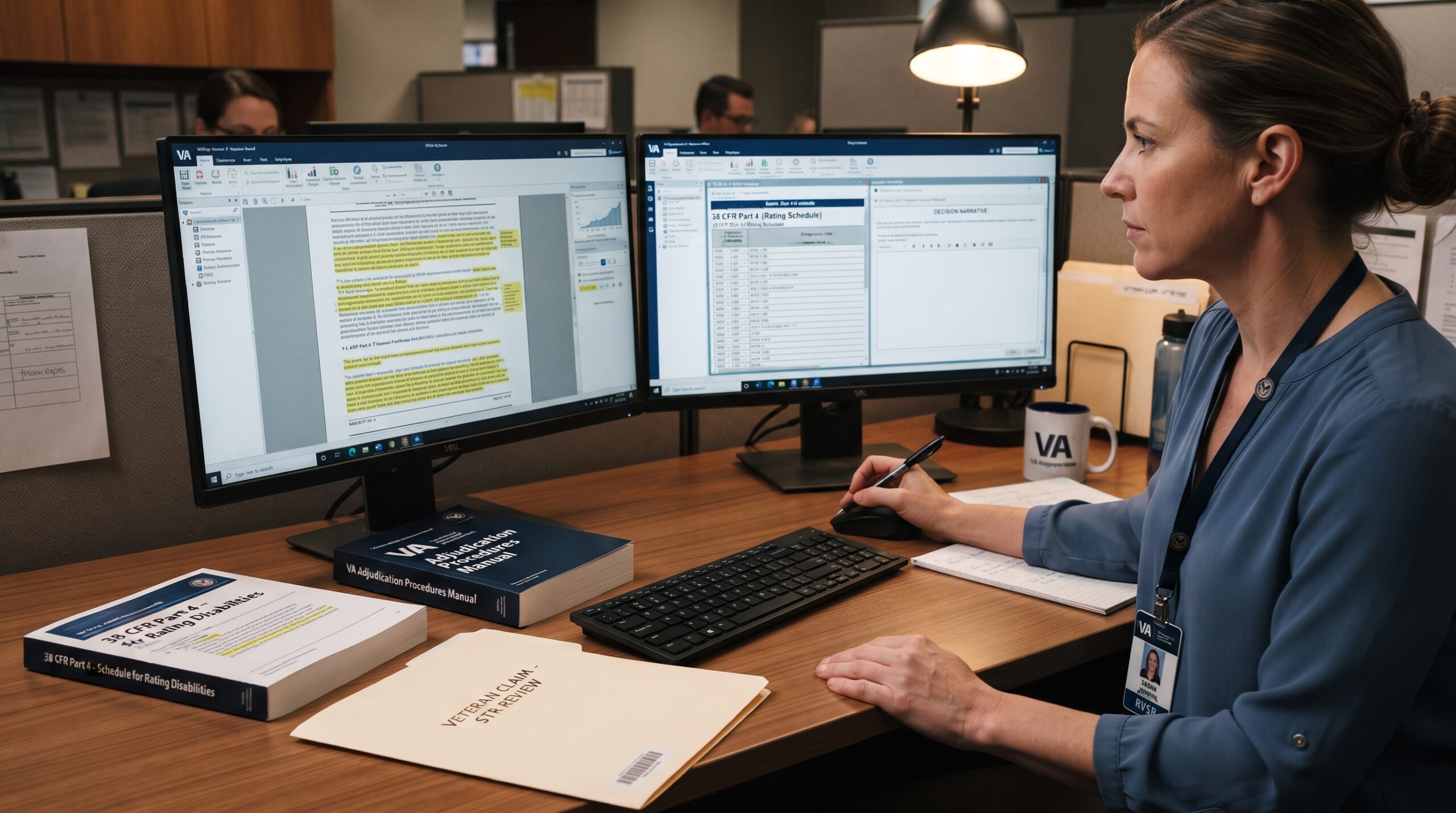 A VA rater analyzing medical evidence and service records on dual monitors to determine a disability rating.