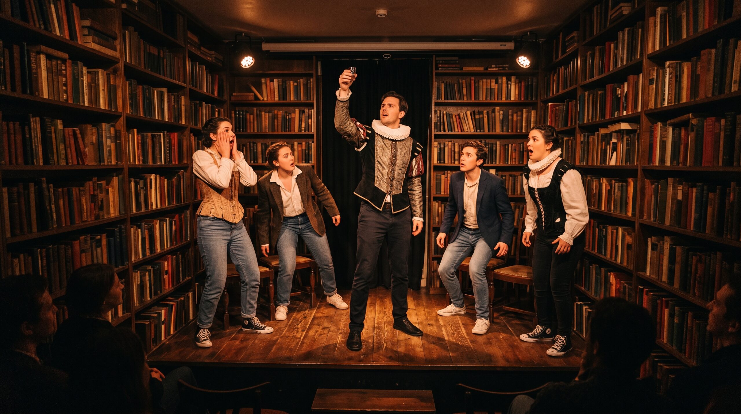 Actors performing an interactive Drunk Shakespeare show inside a hidden library theater in NYC.