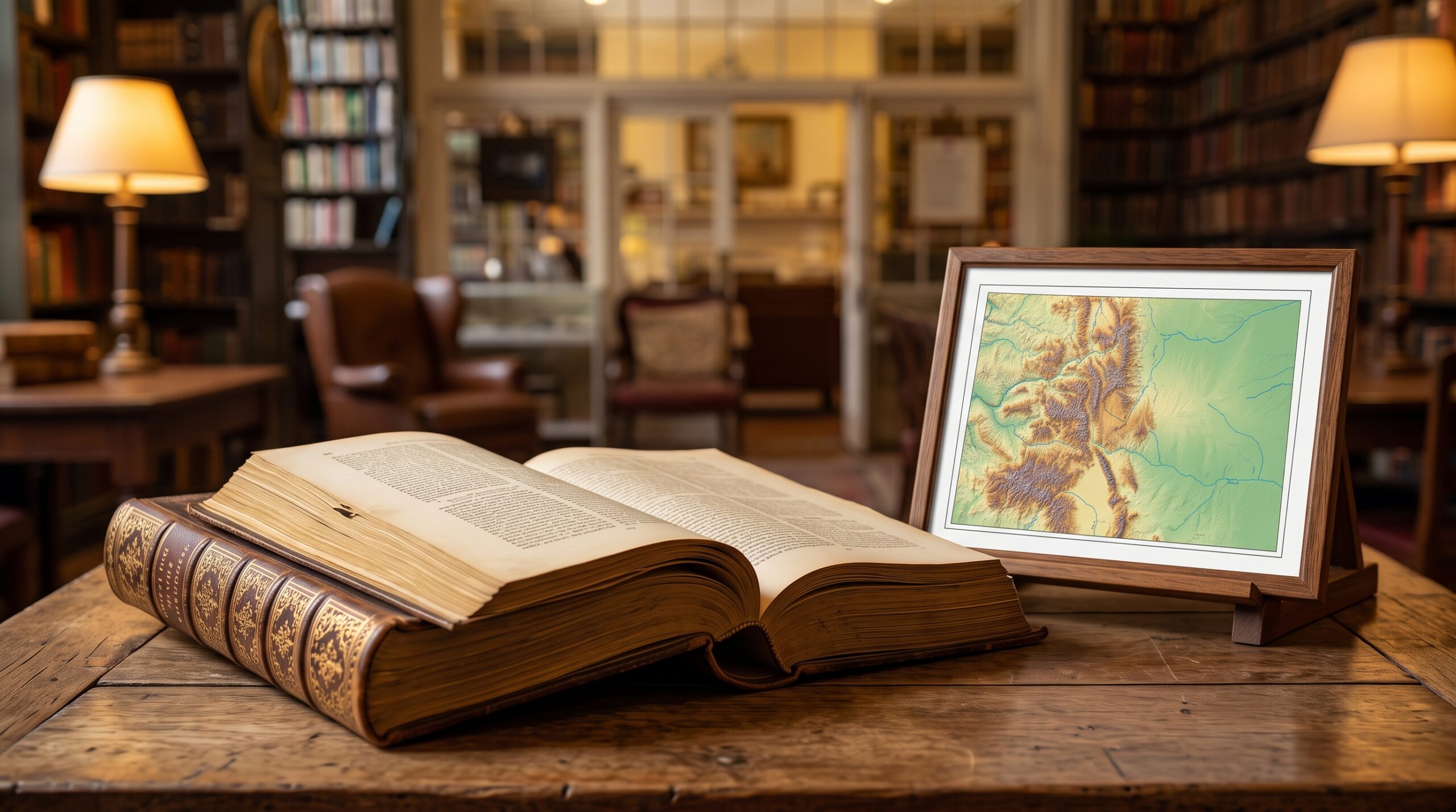 "Antique Shakespeare volume open next to a modern Colorado state map in a classic library, illustrating the law's literary legacy."