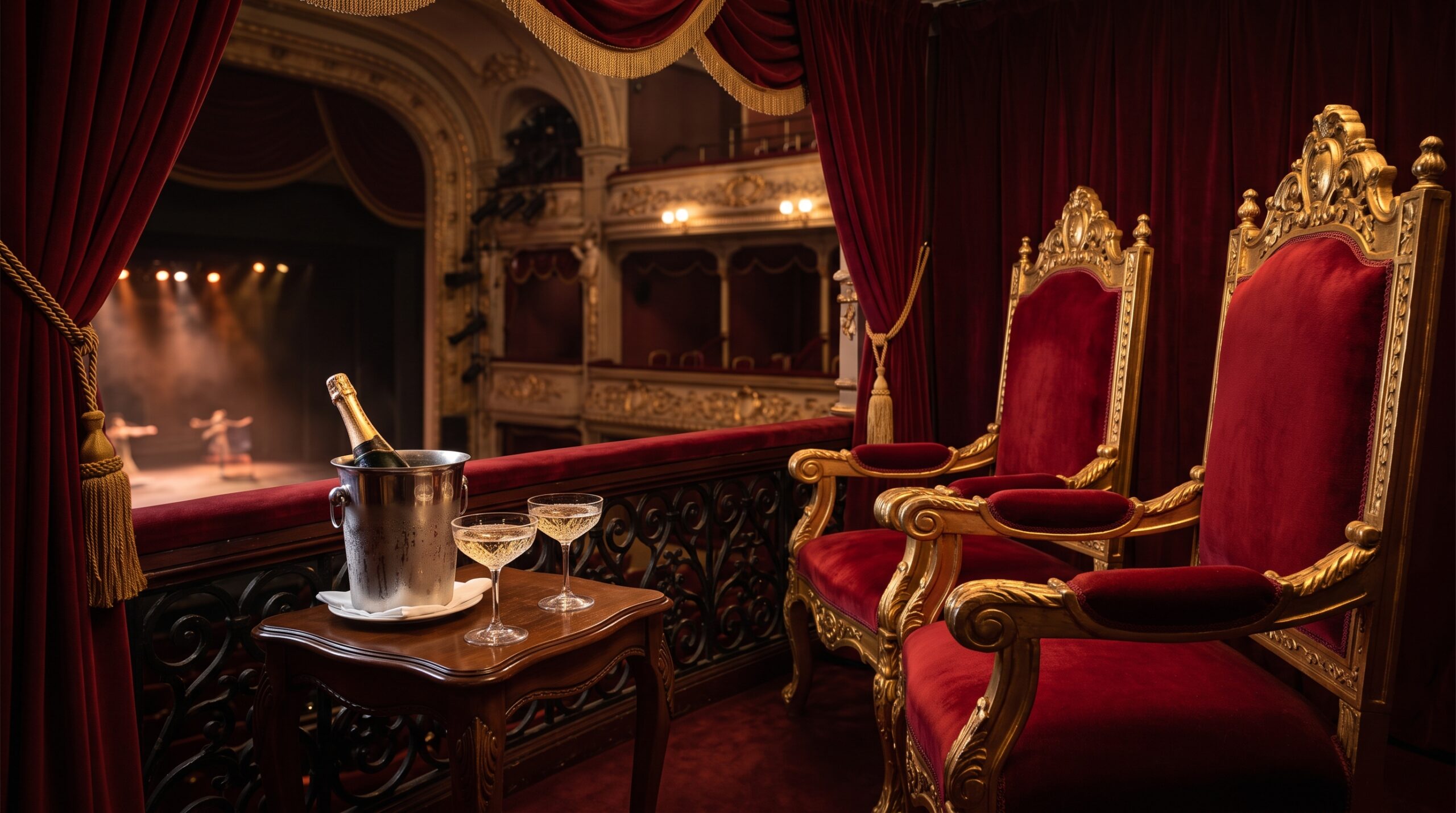 The exclusive King and Queen VIP throne seating with champagne at a New York theater.