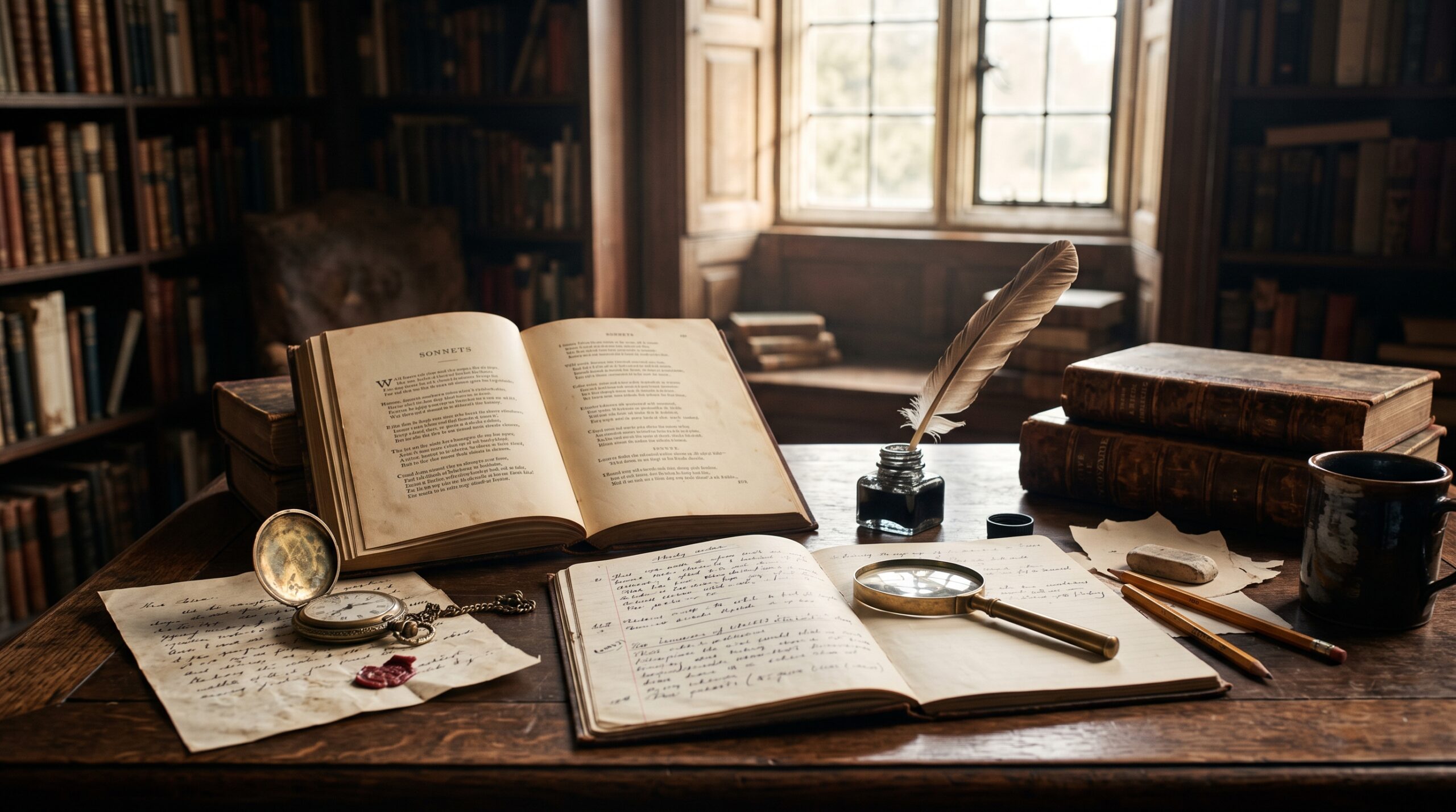 An antique study desk with an open book of poetry, a vintage pocket watch, a feather quill, and historical objects representing Shakespearean themes of time and art.
