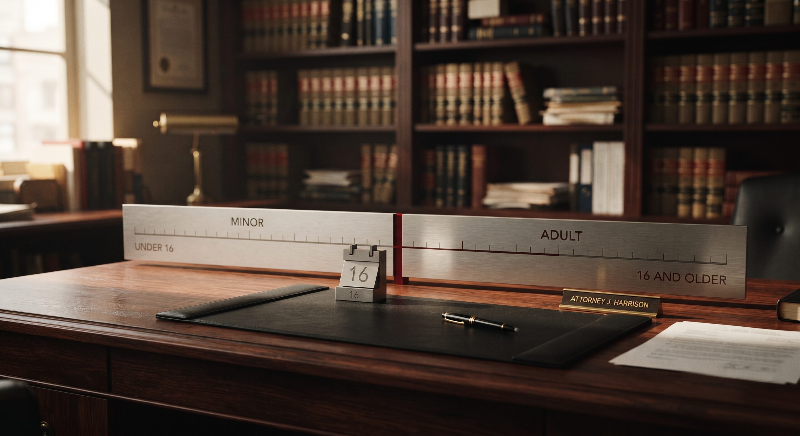 A visual representation of a legal timeline on a desk, illustrating New Jersey's strict age of consent threshold of 16 years old.