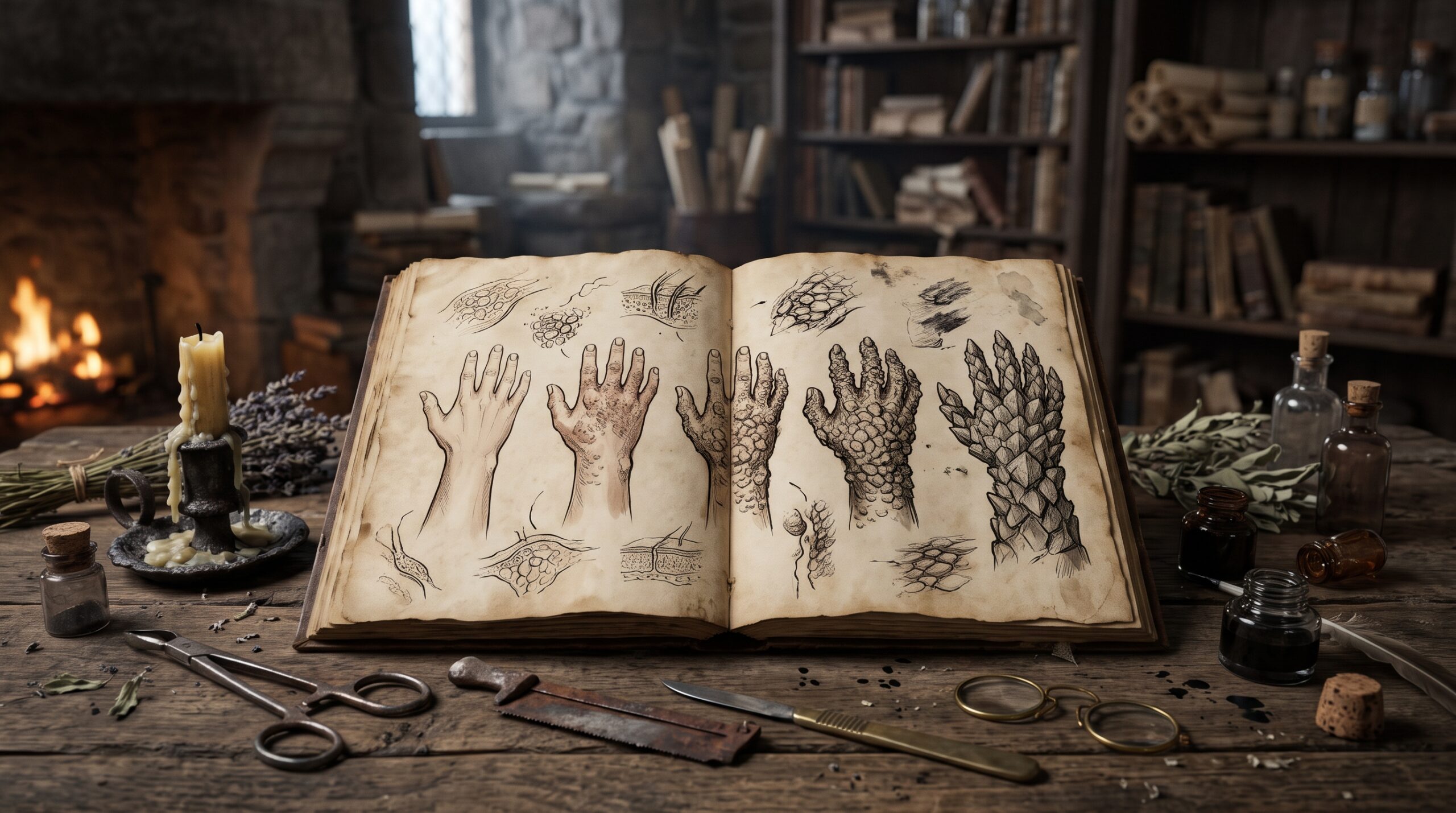 A Maester’s ancient journal on a wooden table displaying hand-drawn illustrations of the progression of the game of thrones scale disease on human skin.