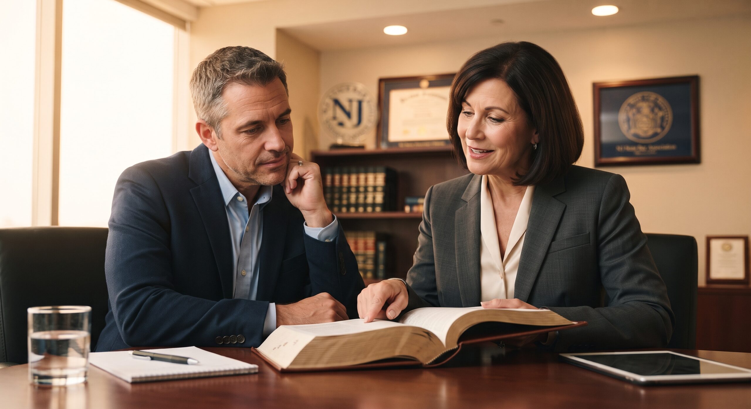 A concerned parent consulting with a professional attorney in a New Jersey law office setting.