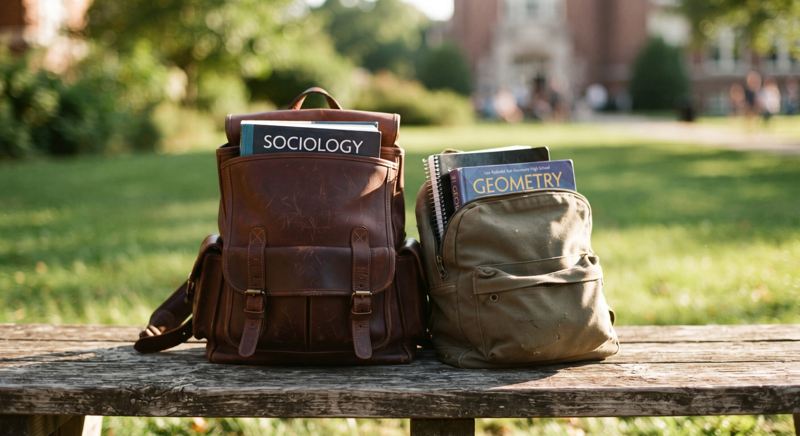 A symbolic image of two student bookbags—one larger university bag and one smaller high school bag—resting side-by-side on a bench, representing the close-in-age exception for teenage peers.