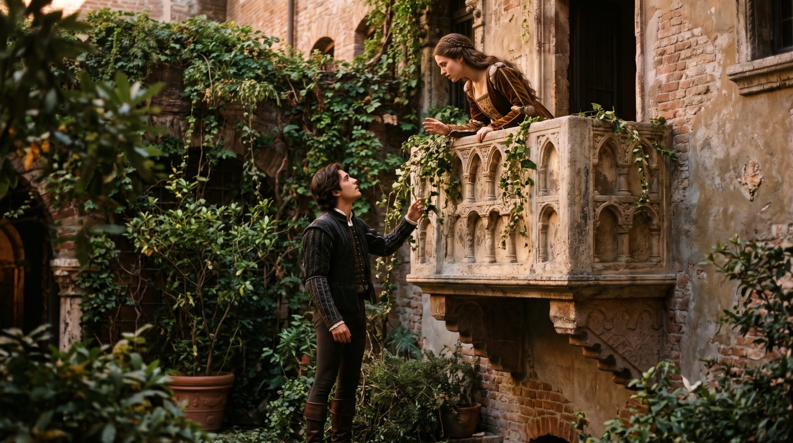 A cinematic, period-accurate theatrical staging of Shakespeare’s Romeo and Juliet on a historical stone balcony in Verona.