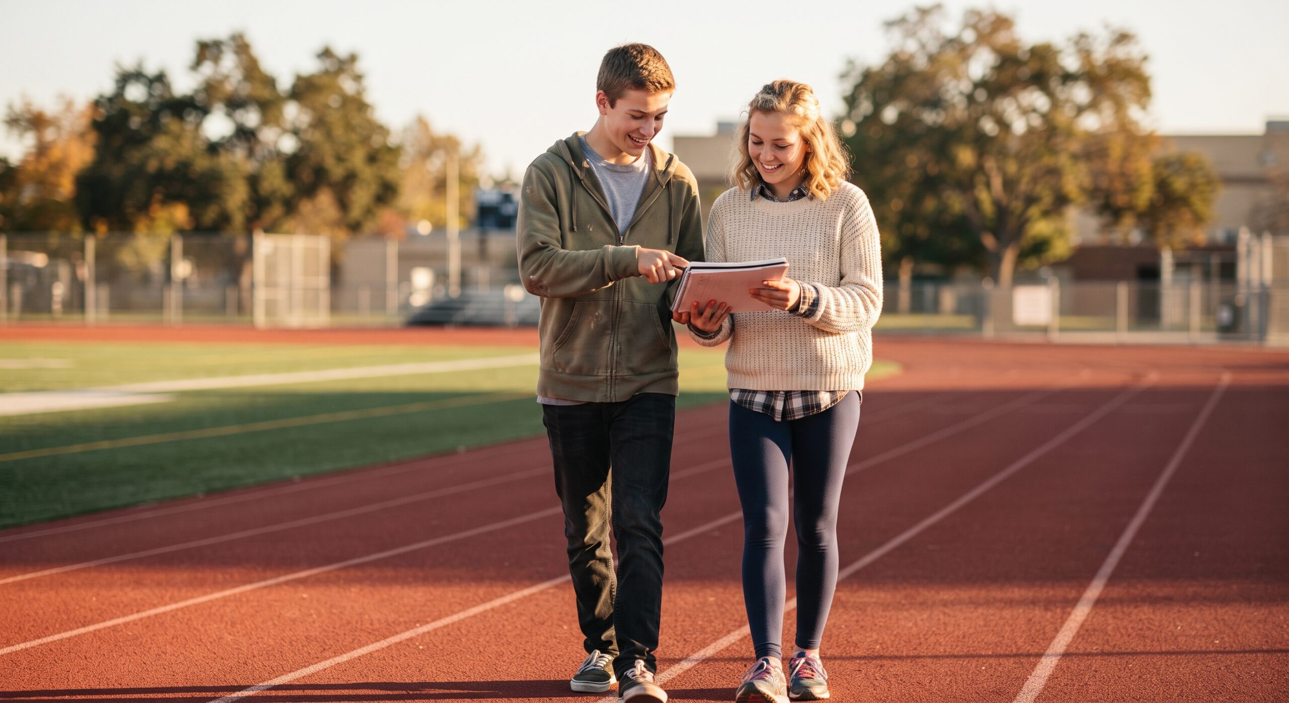 Two casually dressed teenage peers walking together on a high school track, illustrating the concept of close-in-age proximity.