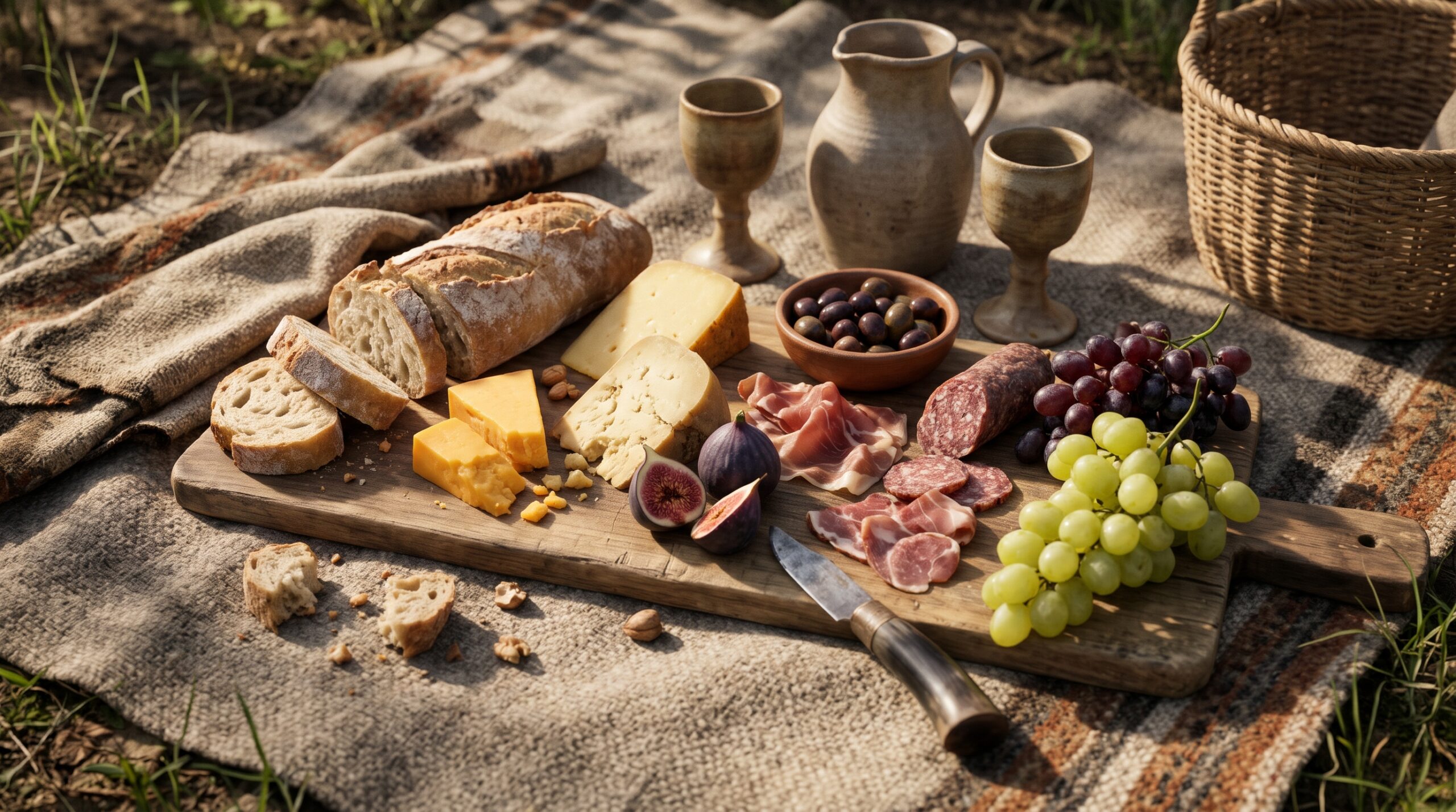 Rustic Shakespearean themed picnic spread featuring artisanal cheeses, cured meats, and fresh fruit