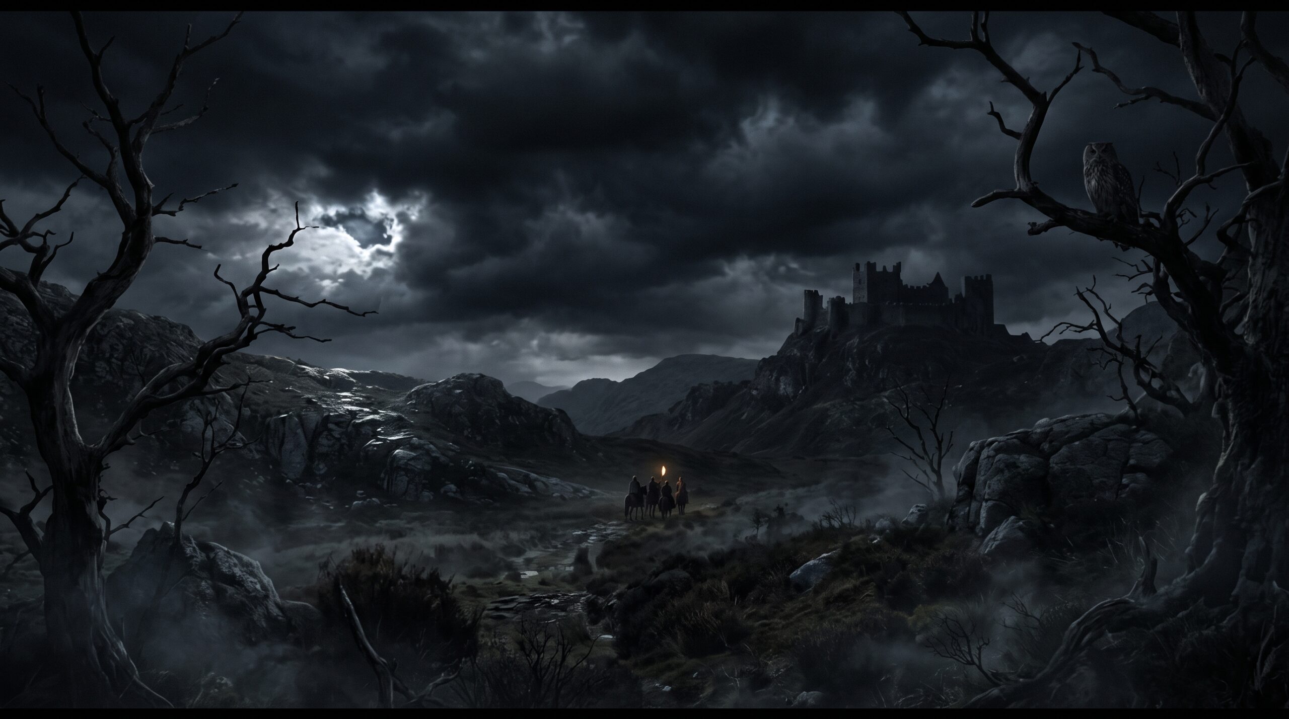 A dark, stormy Scottish night with a faint torch visible in the distance, representing the battle of light and darkness in Macbeth.