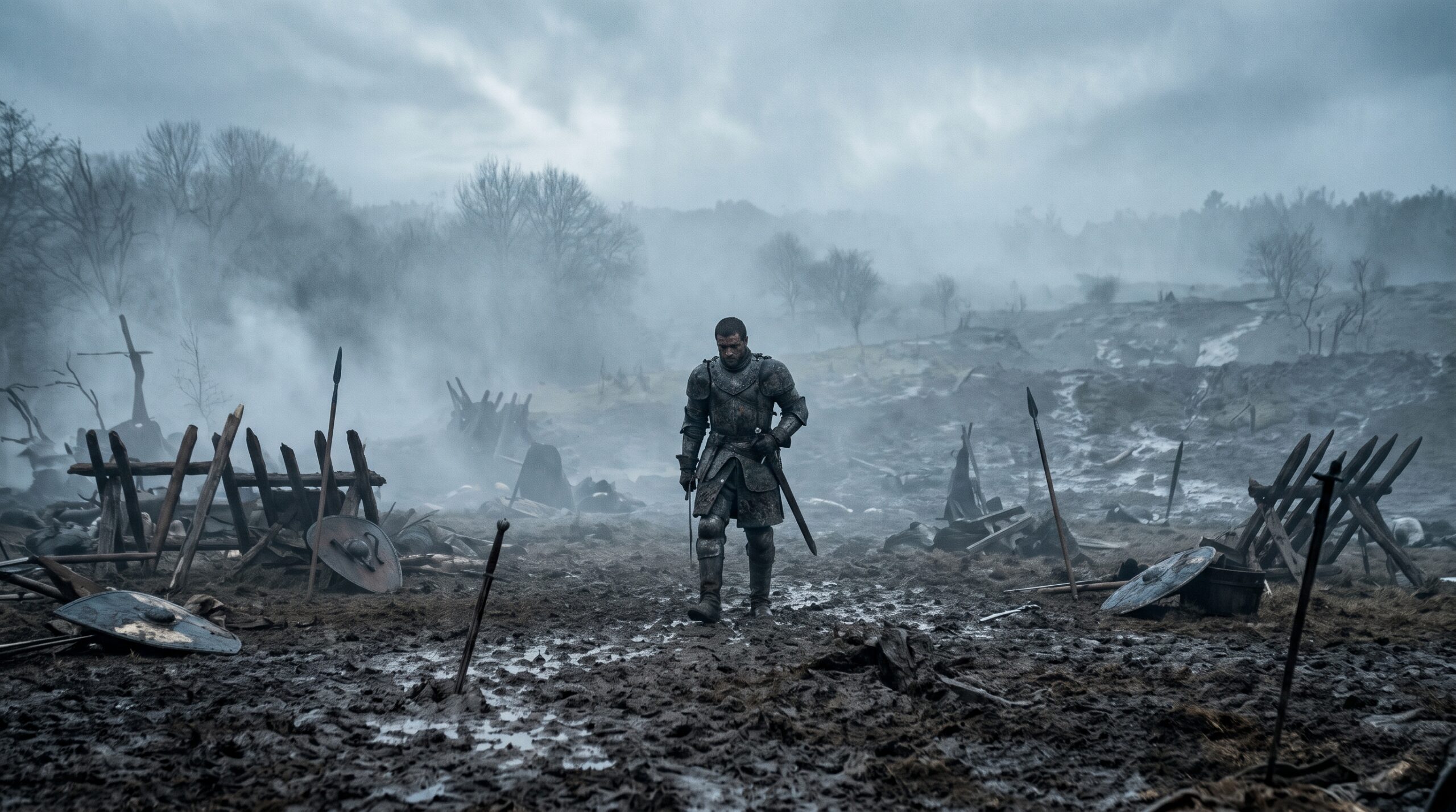 Gritty cinematic scene of a medieval warrior on a foggy mud-covered battlefield representing big-budget streaming epics.