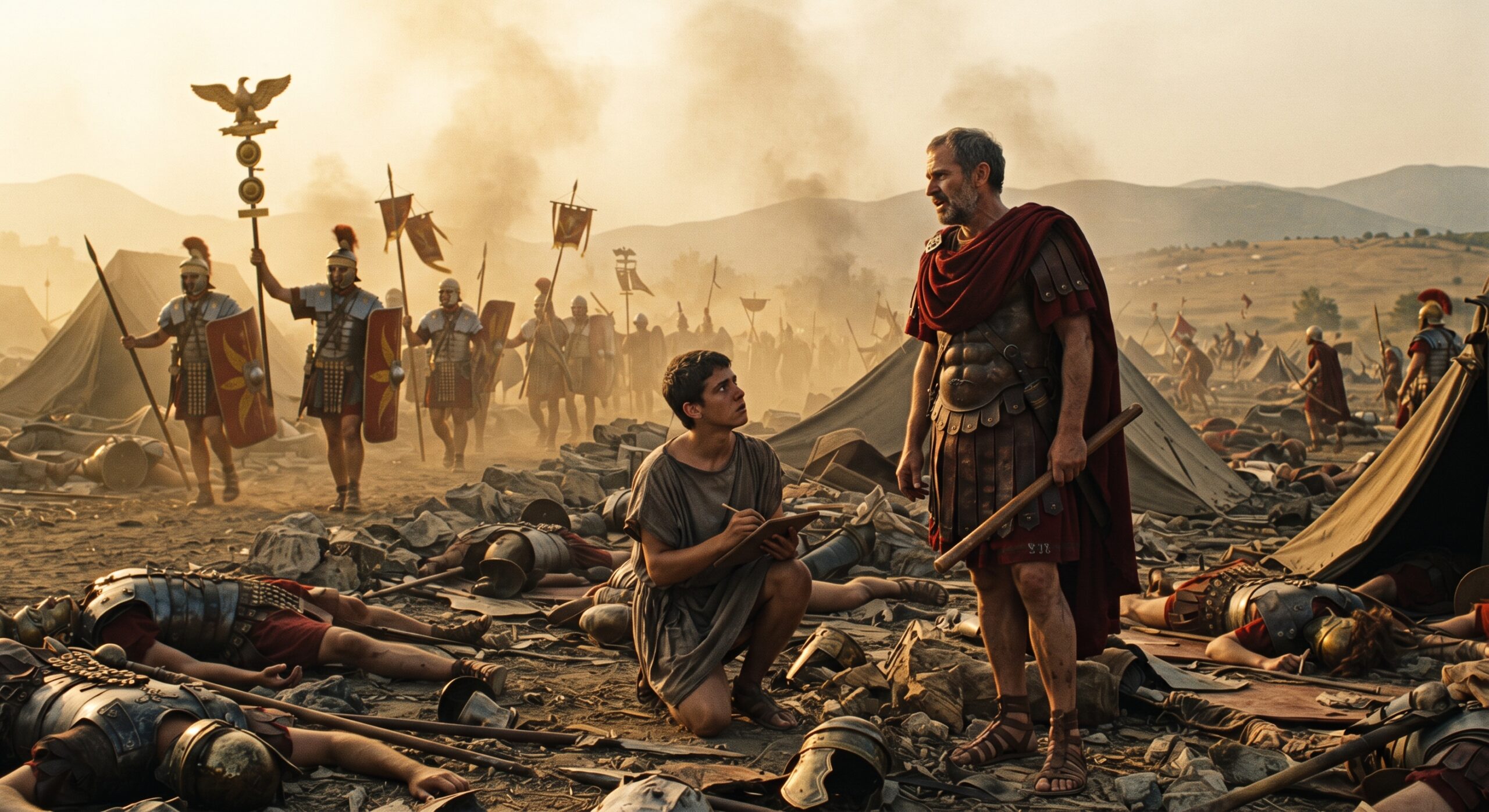 A depiction of Julius Caesar dictating the message of victory at the Battle of Zela.