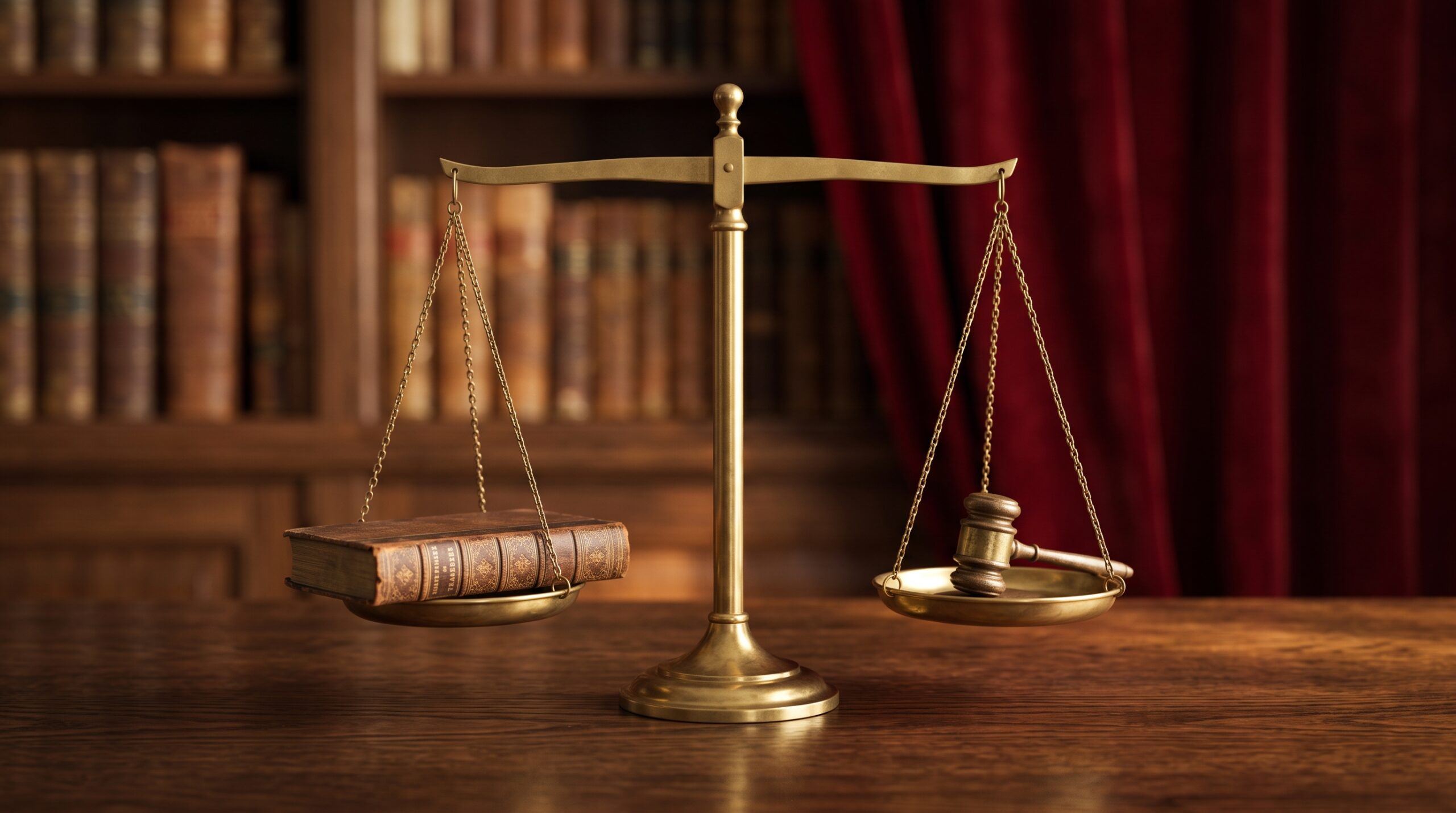 Balanced Scales of Justice holding a book of Shakespeare and a gavel weight.