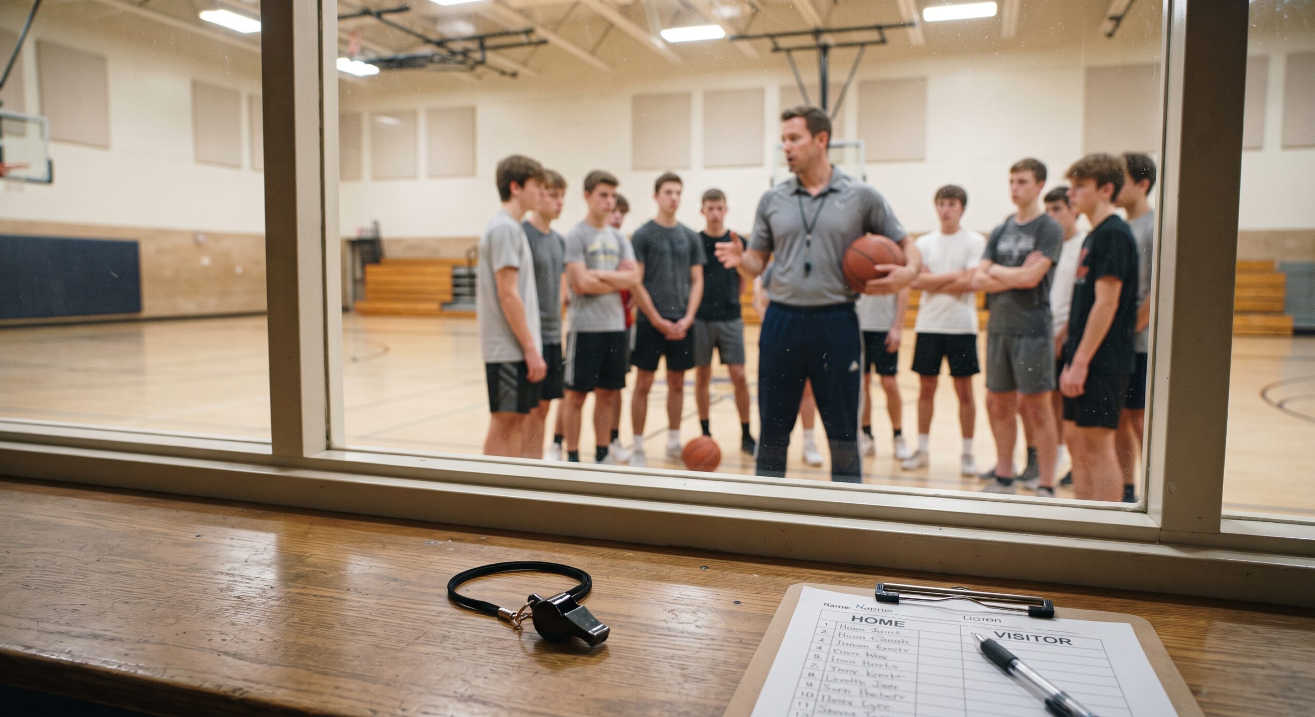 A professional photograph inside a high school gym, showing a coach's clipboard in the foreground and a teacher instructing a group of students in the background, illustrating the legal distinction of authority figures.