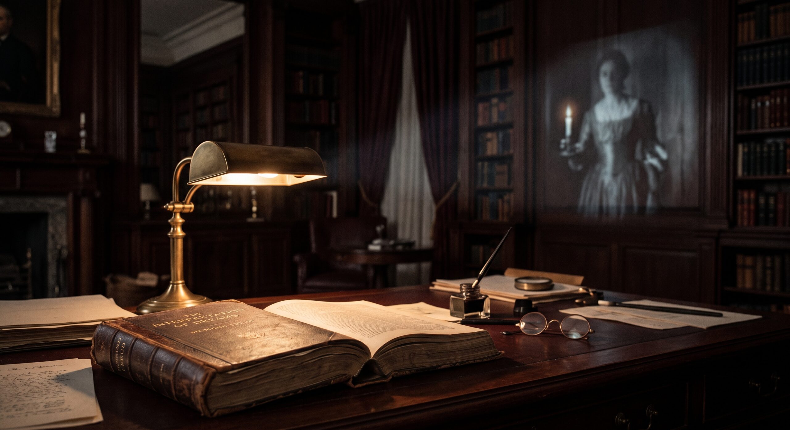 An antique psychoanalytic study with a book by Freud and a ghostly projection of Lady Macbeth.