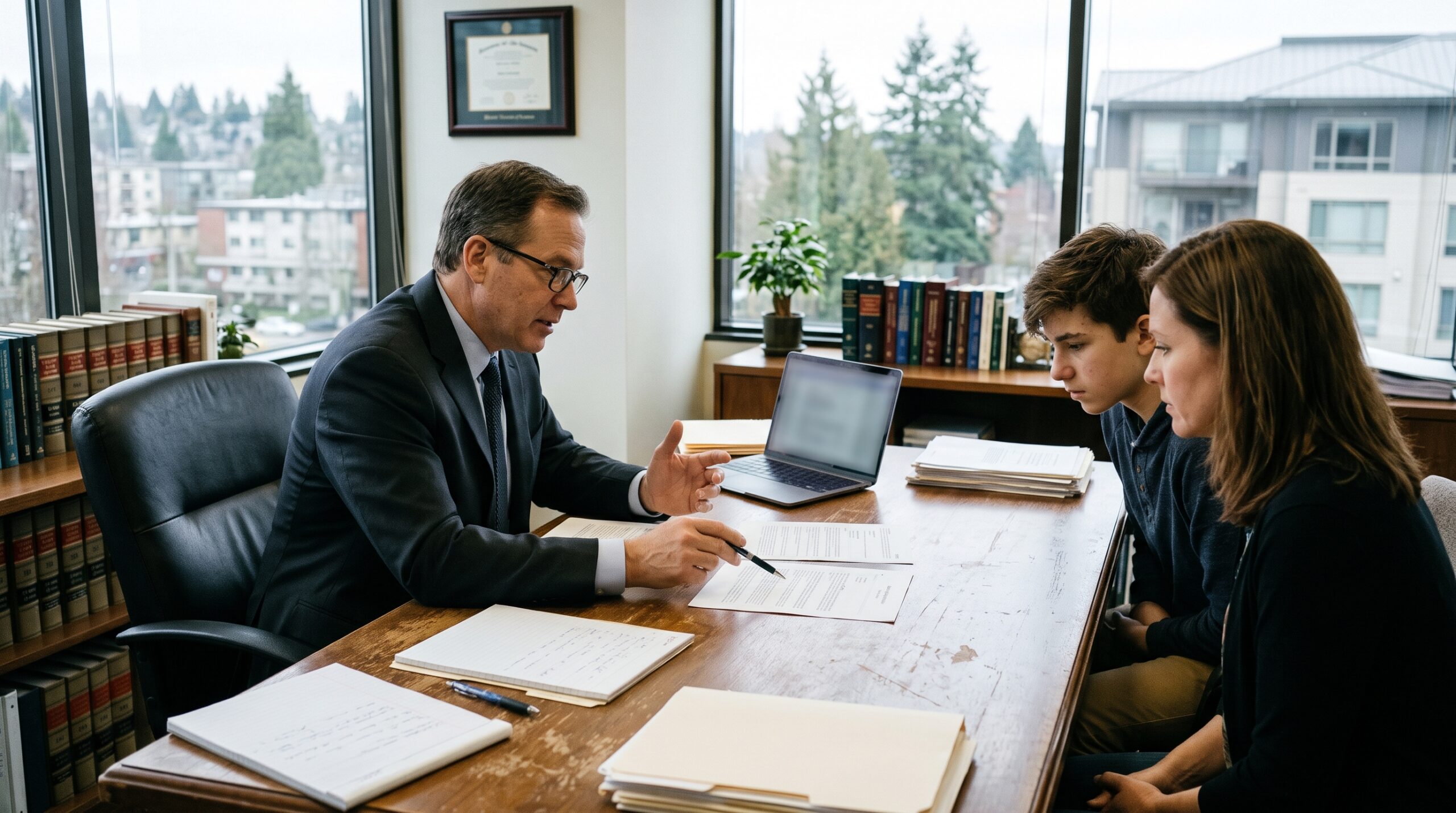 A Washington criminal defense attorney consulting with a young client and parent in a law office, discussing the severe penalties and age-gap legal defenses.