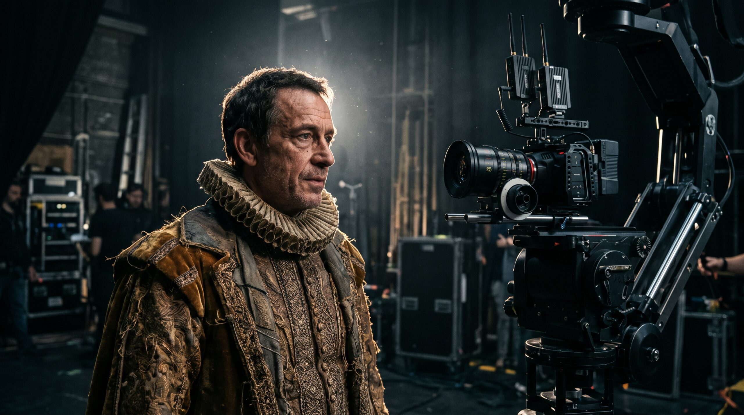 Classically trained actor in Elizabethan period costume standing in front of a modern digital cinema camera on a dark soundstage.