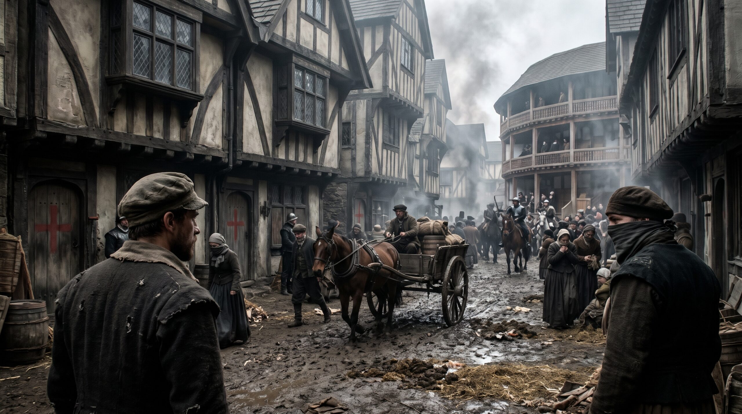 A historical reconstruction of a street in Elizabethan London during a plague outbreak, illustrating the environment that inspired William Shakespeare's tragic themes.