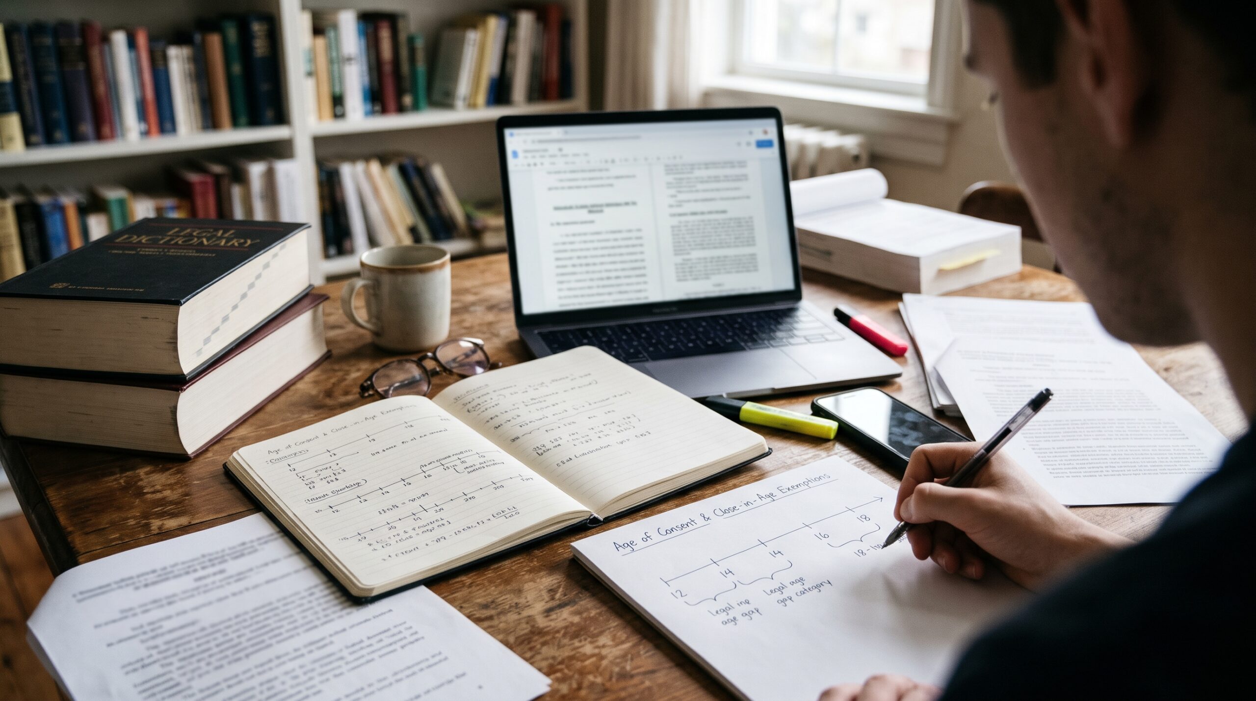 A person studying legal timelines and age-gap calculations on a notebook in a library, illustrating the tiered age-gap rules of Washington State.